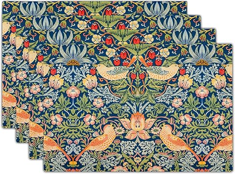 Strawberry Blue Green Pimpernel Placemats Set of 4 Chinoiserie Floral Bird Colorful Linen Washable Table Mats Stain Heat-Resistant Desktop Decor Place Mats for Home Kitchen Dining Party 12x18 in