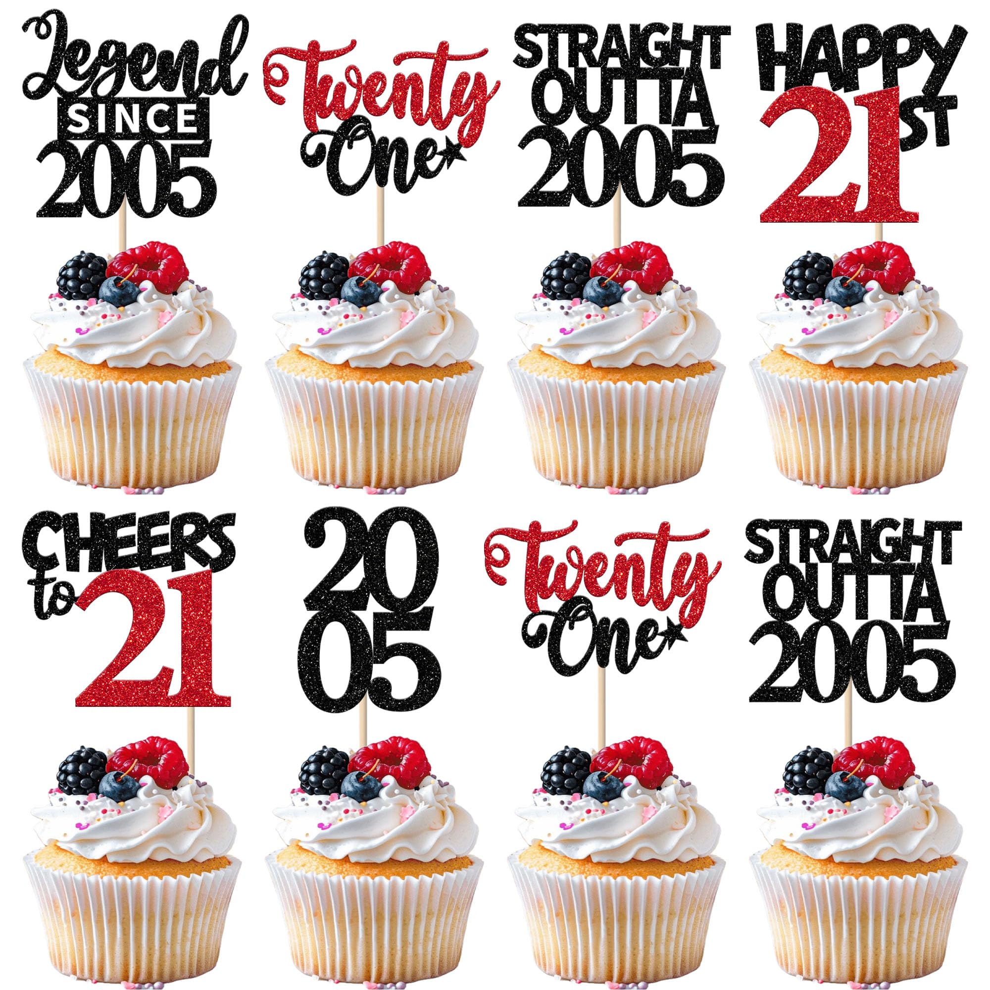 Xsstarmi 24 Pack 21st Birthday Cupcake toppers Black Red Glitter Straight Outta 2005 Cupcake Picks for Hello twenty one Legend Since 2005 Birthday Party Cake Decorations Supplies