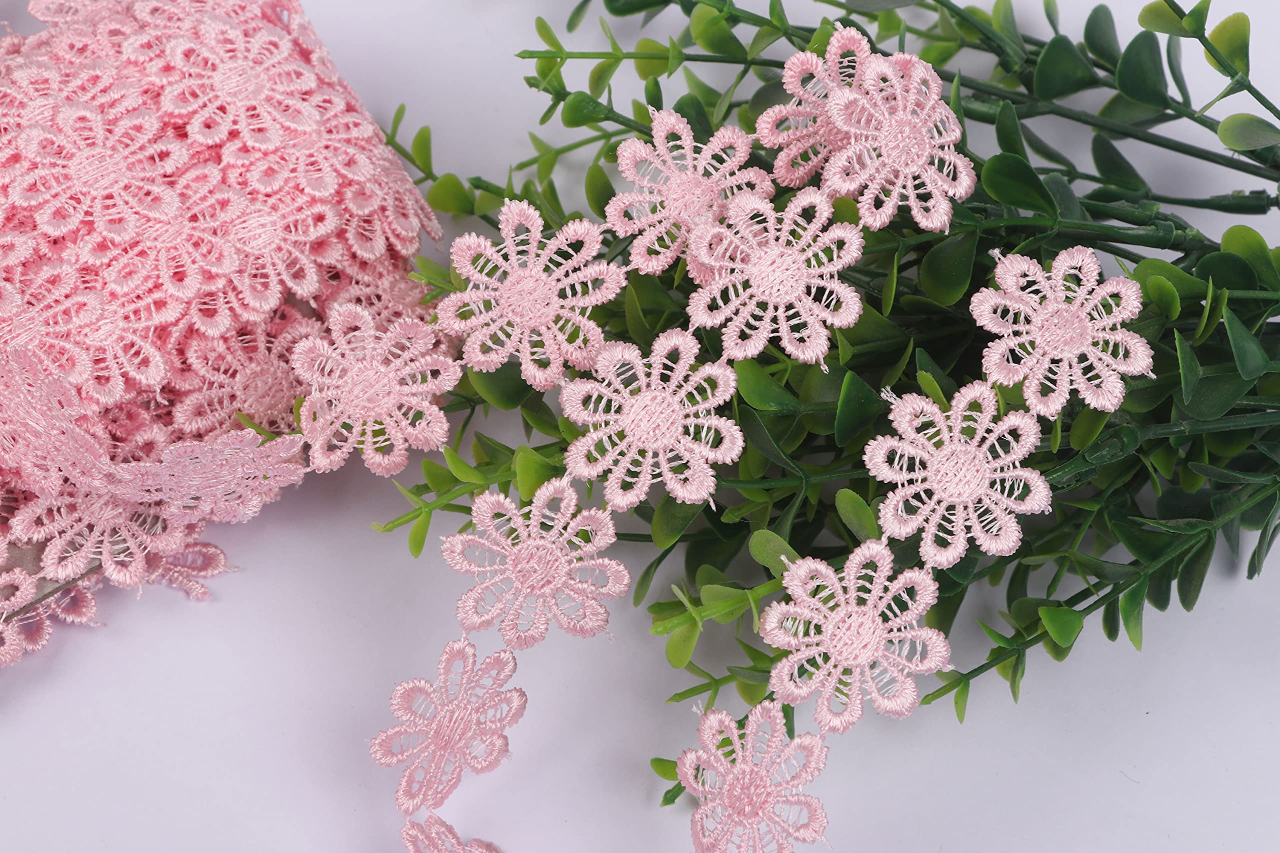 YYCRAFT 15 Yards Daisy Flower Lace Trim - 1 Inch Wide Baby Pink Embroidered Trim For Sewing & Crafts