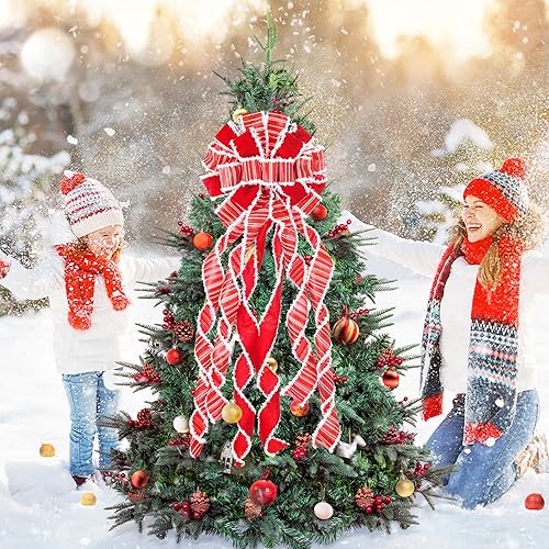 Miniatura 7 de Decoración para árbol de Navidad, lazo grande rojo para árbol de Navidad, arpillera con borde de poliéster blanco, lazo de regalo para adorno de