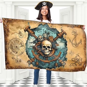 Pirate Flag Jolly Roger Flag with Pirate Map 100Den polyester - Double Seam - 2 brass eyelets, large 5ft x 3ft