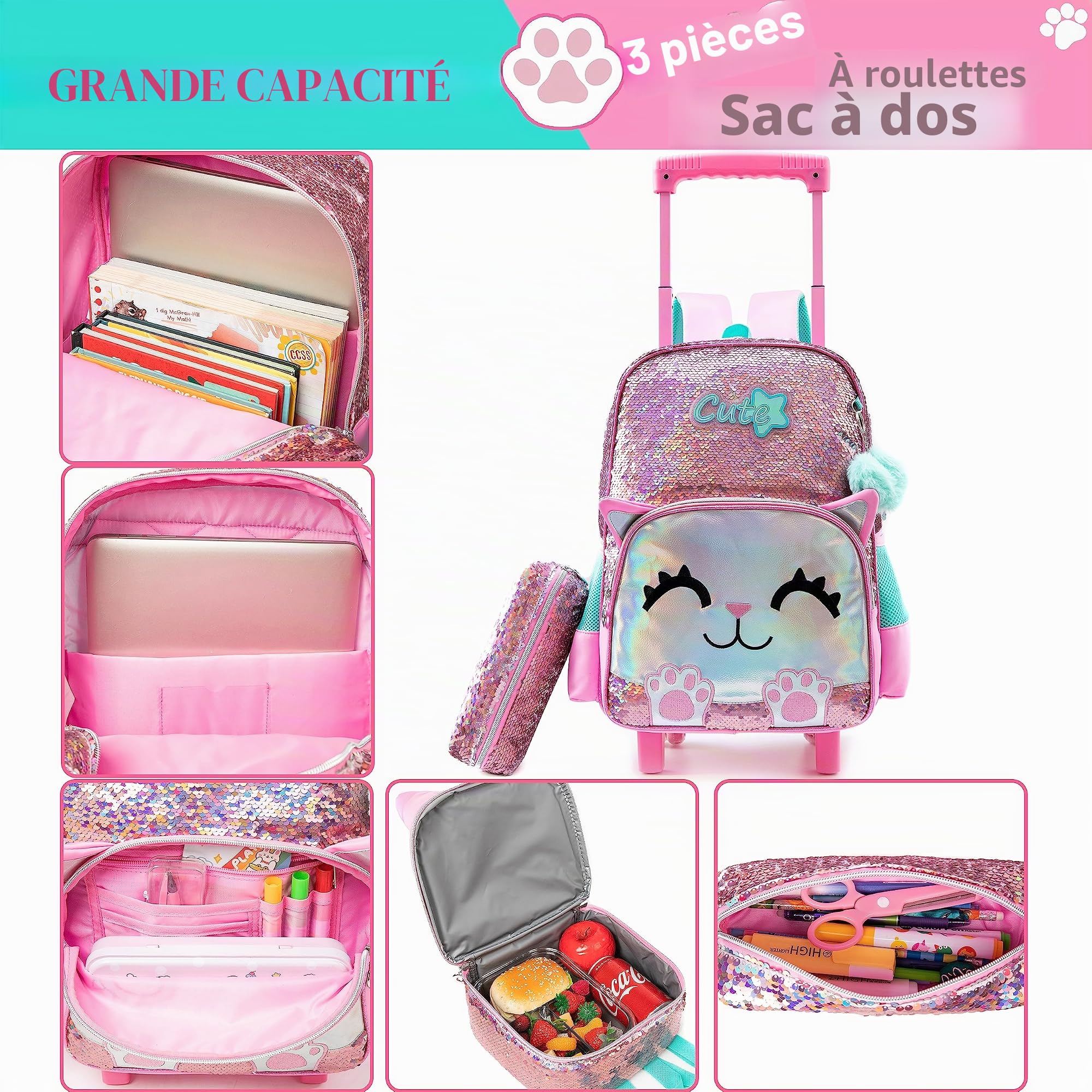 Meetbelify Sac à dos roulant pour les filles mignon sac à dos d’école de chat rose avec des roues enfants paillettes bagage à rouleaux pour les élèves de maternelle élémentaire