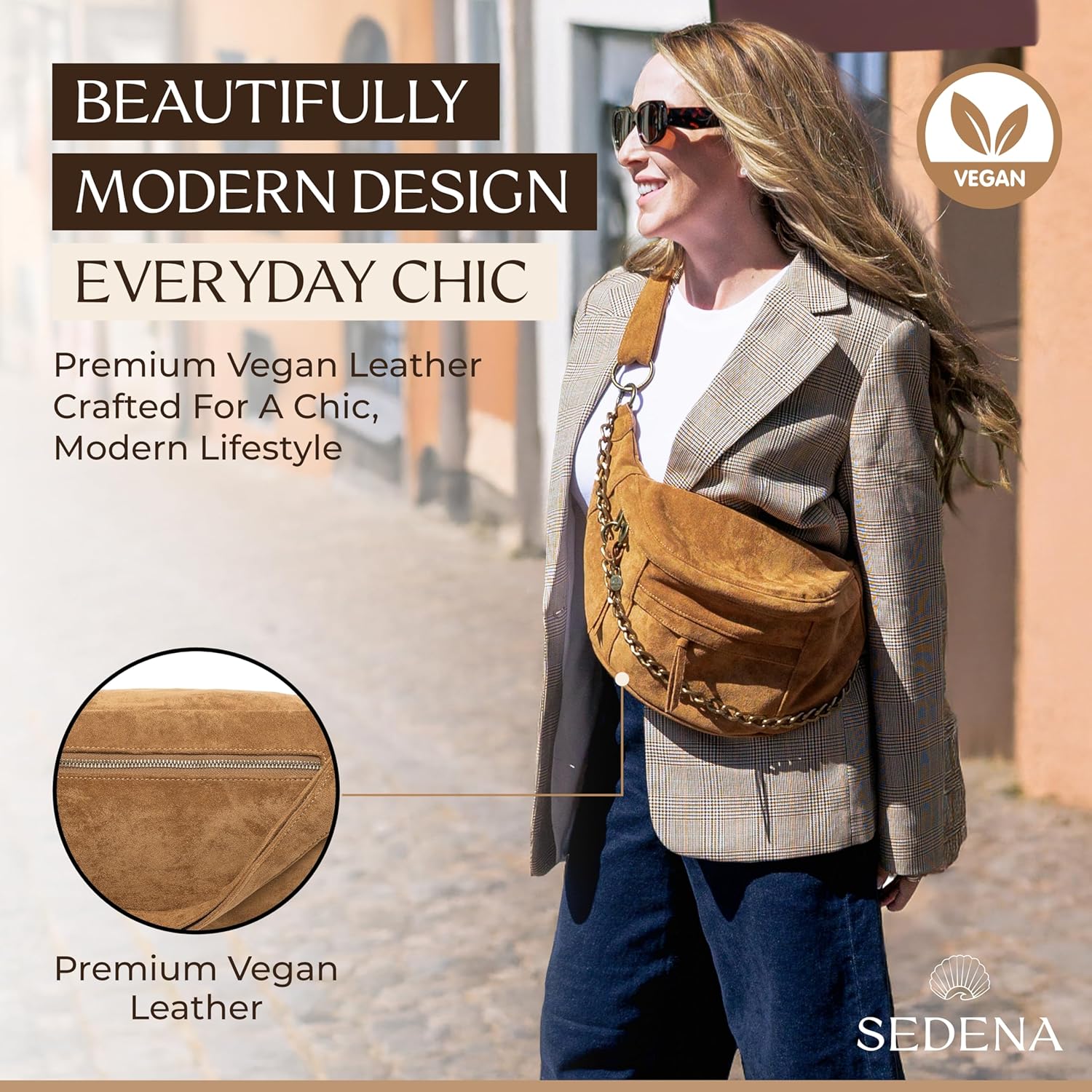 Anti Pickpocket Crossbody Bag – Large Vegan Suede Sling Bag with RFID & Glasses Pockets, Adjustable Strap, Anti Theft Design, Multiple Compartments, Chain Detail Travel Crossbody Bag for Women - Image 6