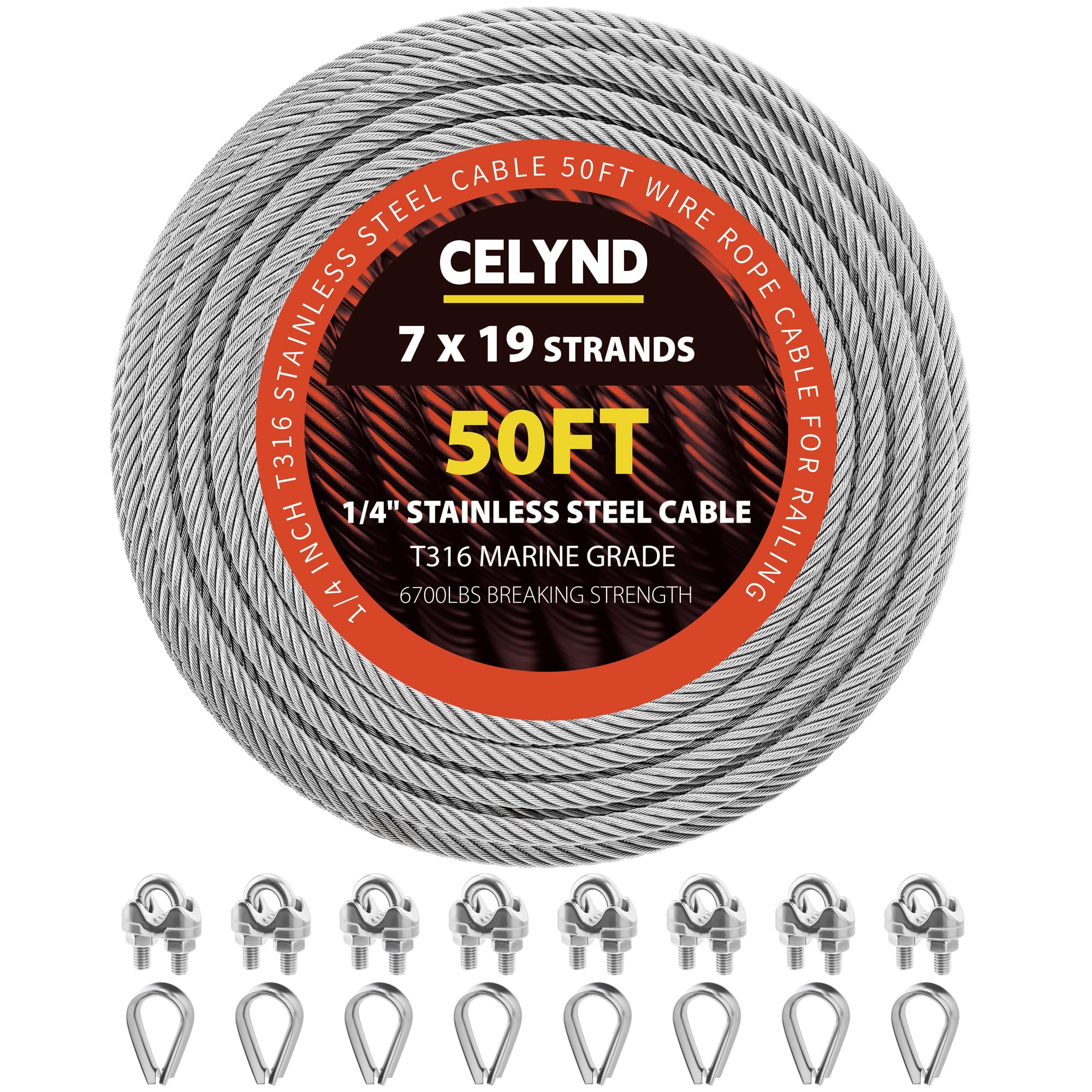 CELYND Stainless Steel Cable for Railing - 50FT 1/4" T316 Wire Rope with Clamps and Thimbles - 7 x 19 Strands 6700 LBS Breaking Strength for Outdoor