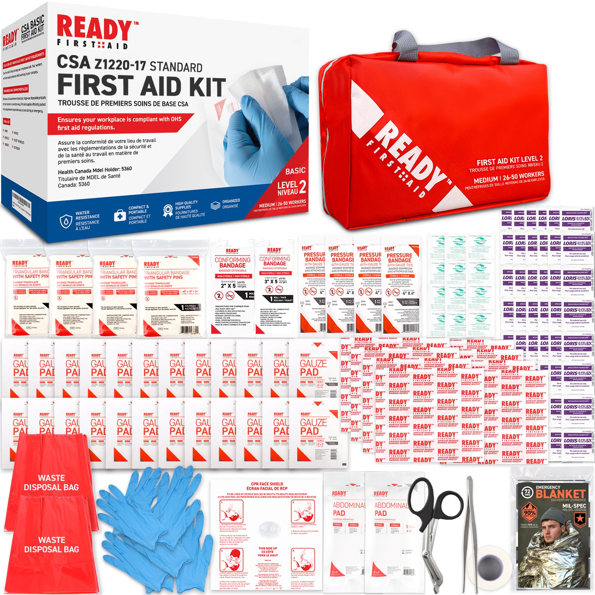 Ready First Aid CSA Type 2 Basic First Aid Kit - Suitable For Workplace With A Low Risk Work Environment Including First Aid Bag (Medium For 26-50 Workers)