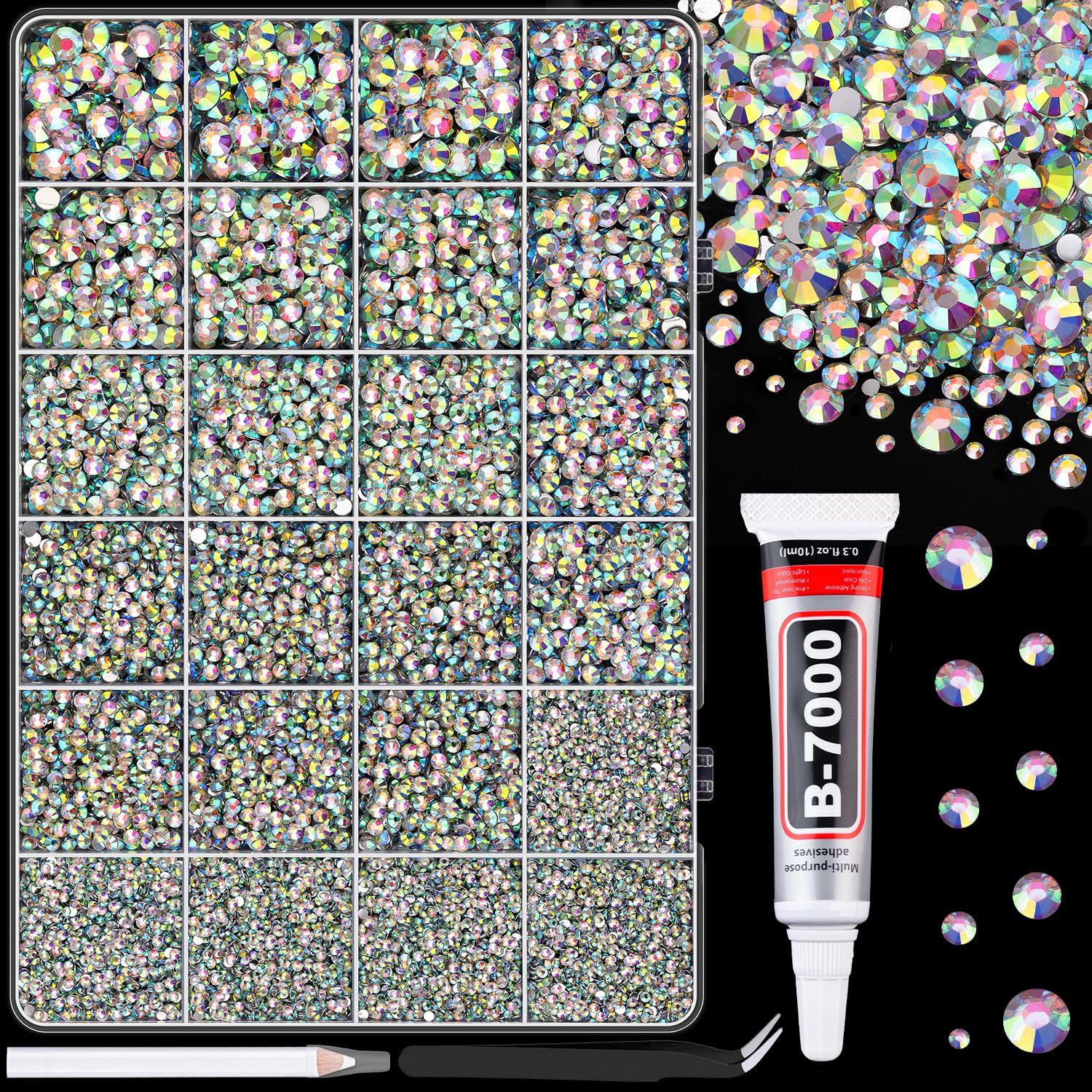 TINKRSTUFF Resin Rhinestones for Crafting, 25000Pcs AB 2-6mm Mixed Sizes Flatback Gems with 1Pcs Glue | DIY Craft & Nail Art - main product image
