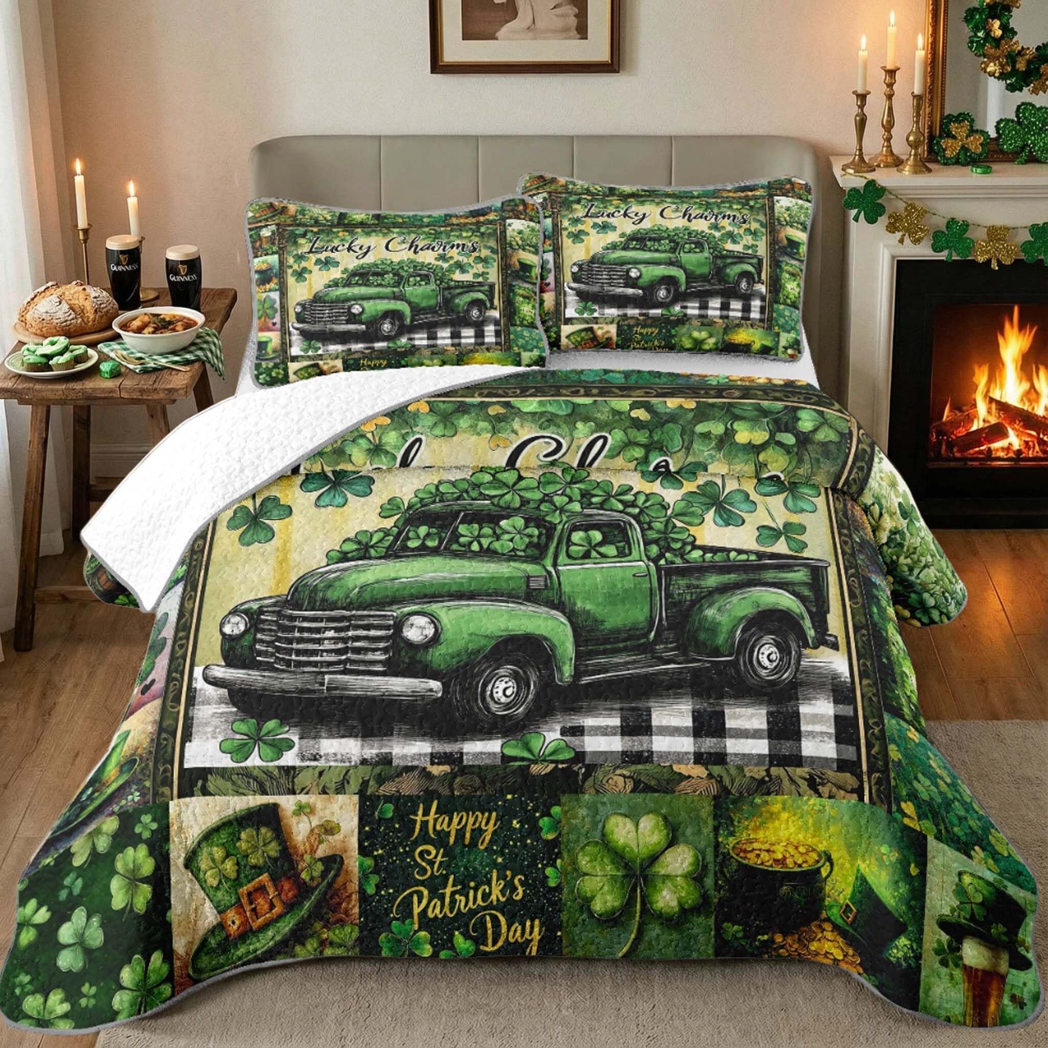 NIDITW St. Patrick's Day Patchwork Quilt Set Queen Size Shamrock Bedspread with 2 Pillow Shams Soft Lightweight Microfiber Bedding Set Coverlet Home Decor Gift for Grandson (Green-Patchwork, Queen)