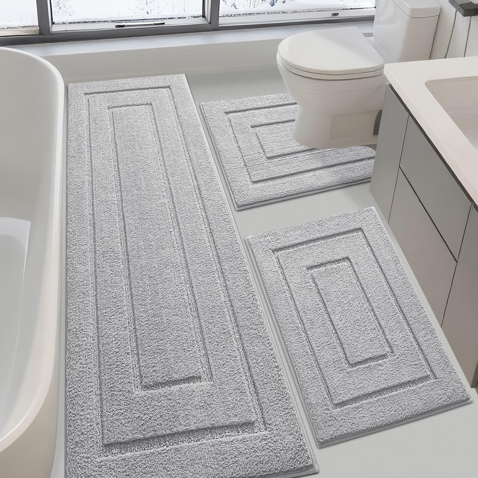 IM HOME Bathroom Rugs Sets 3 Piece, Ultra Soft Plush Fluffy Microfiber Absorbent Bath Mat, Non-Slip Backing, Machine Washable Bath Mats for Bathroom Floor, Tub, Toilet and Shower, Grey/Bordered