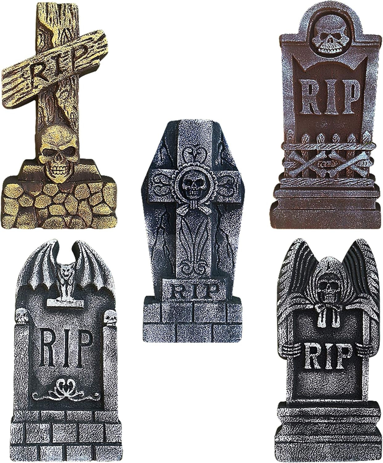 ATDAWN 17" Halloween Foam Graveyard Tombstones, Halloween Headstone Decorations for Halloween Yard Decorations, 5 Pack