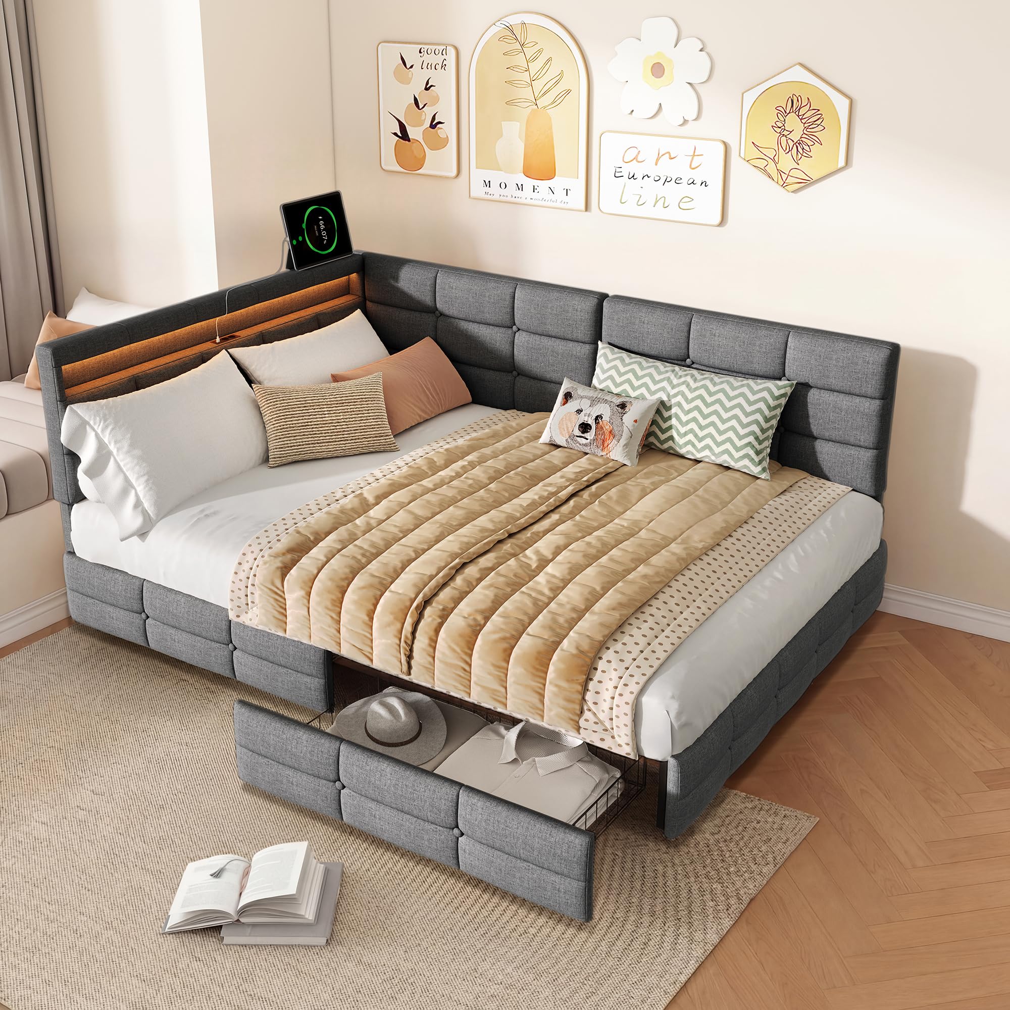 Letto Matrimoniale 140x200 con Testiera a L, Letto Imbottito con Luci LED RGB, USB e Presa di Ricarica, 2 Cassetti Estraibili, Struttura, Letto per ragazzi, Lino, Grigio