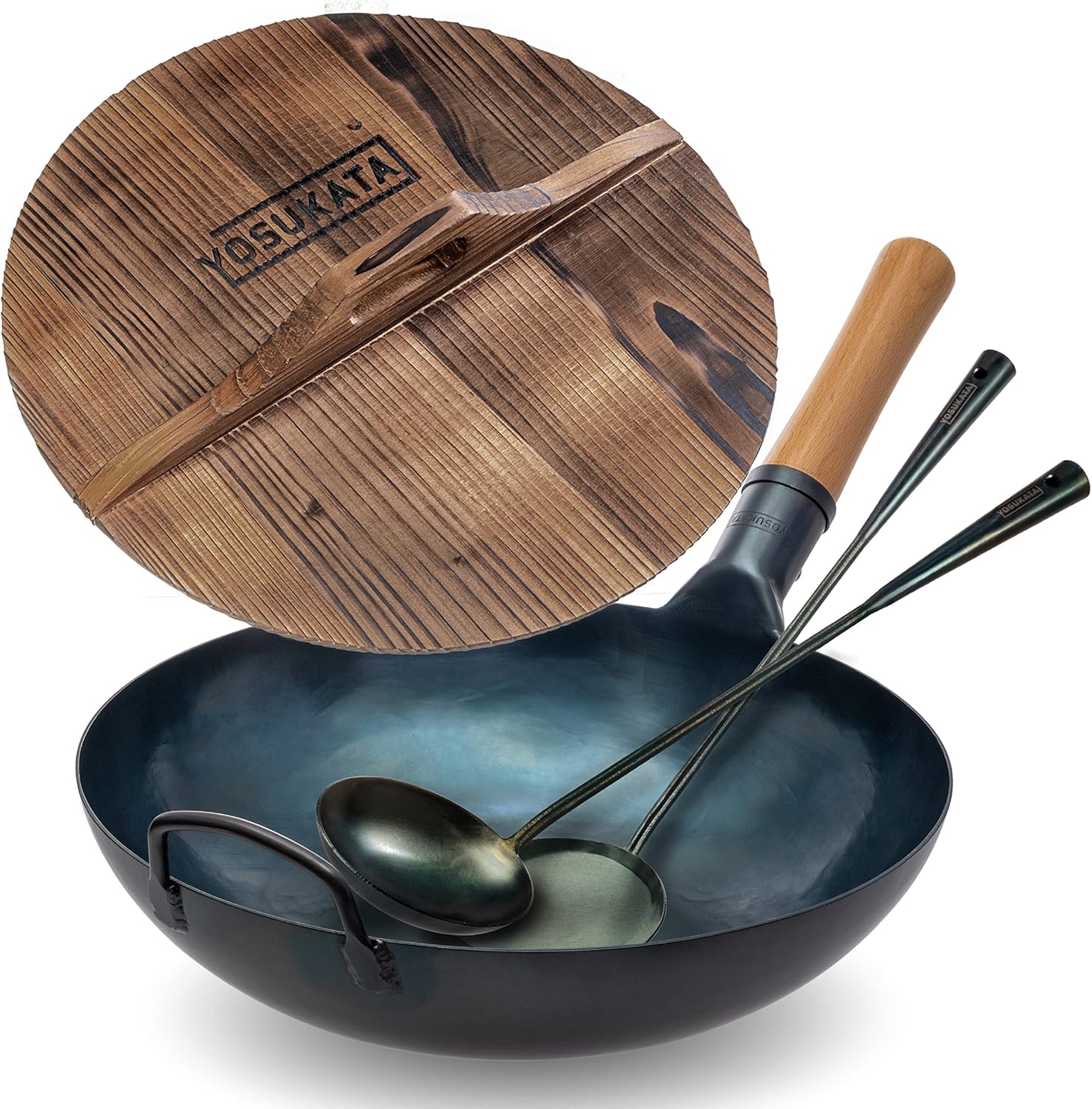 YOSUKATA 13.5” Blue Carbon Steel Wok Pan + Pre-Seasoned Blue Carbon Steel 17-inch Spatula and Ladle + Premium Wok Cover 13.5 inch Pan Lid - Thumbnail 2