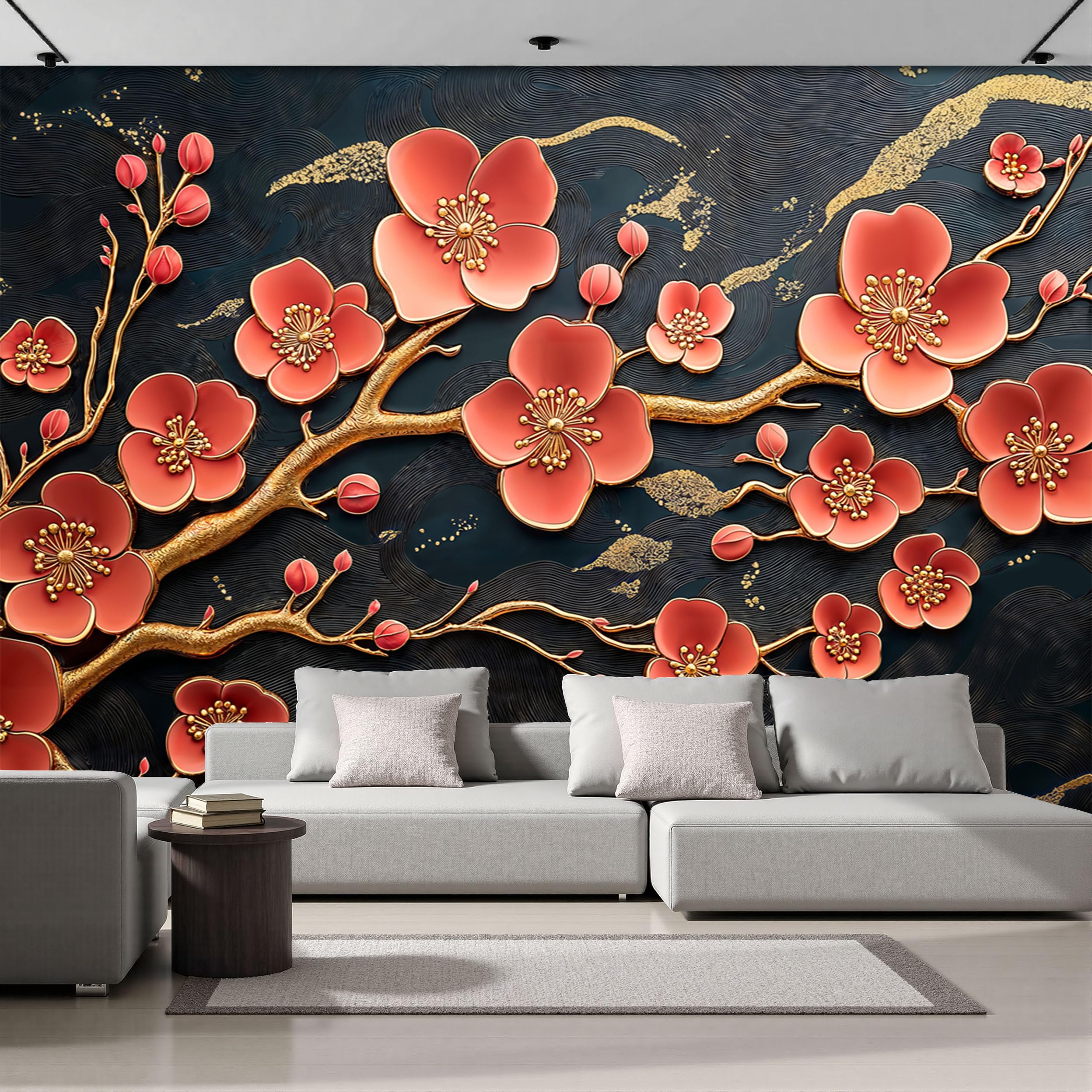 Papier Peint Mural Fleurs 3D Orange-Rouge 200 x 140 cm Décoration