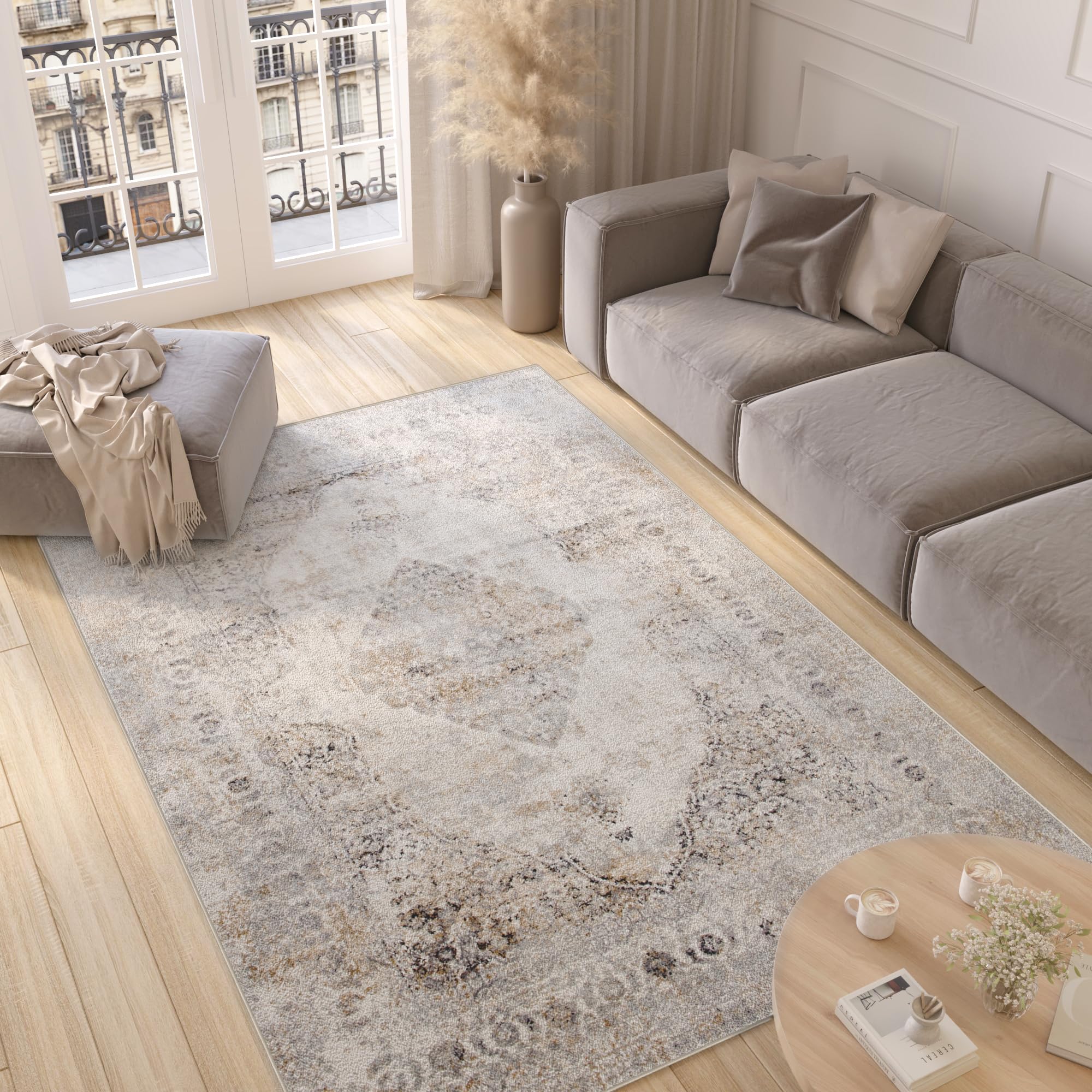 TAPISO Valley Tapis Poil Court Traditionnel Vintage Gris Beige Moucheté Motif Ornamental Bordure Tapis Salon Chambre Salle à Manger Bureau Oeko-TEX Résistant 200 x 300 cm