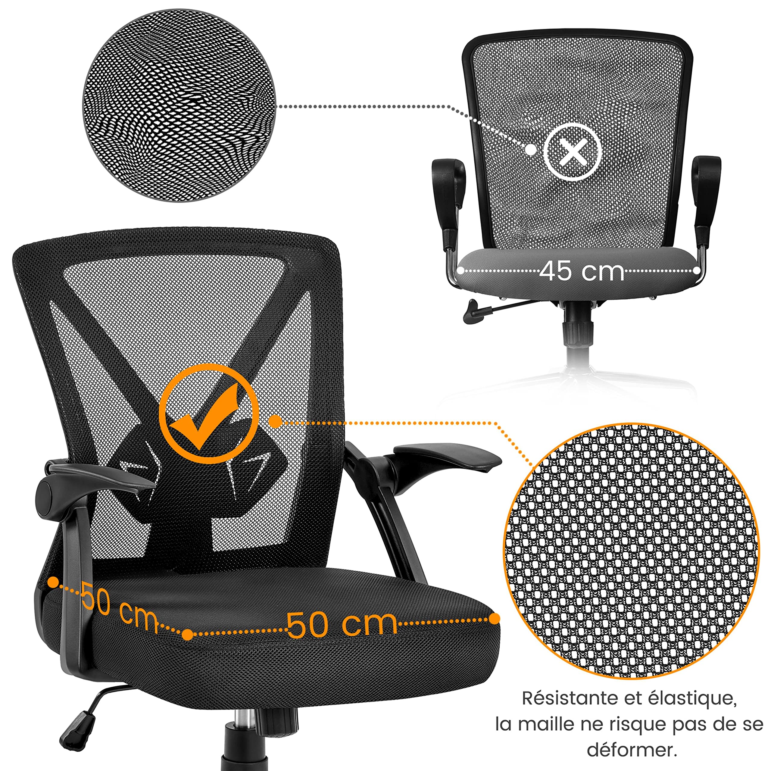 Abician Fauteuil de Bureau Fauteuil d’Ordinateur en Maille avec Accoudoirs Relevables Support Lombaire Ajustable Assise Rembourrée Réglable en Hauteur Noir