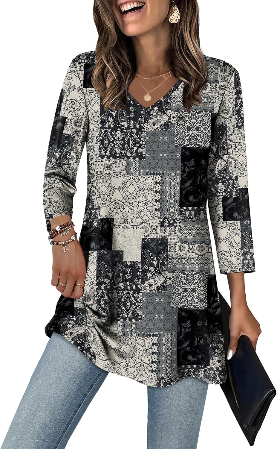 OFEEFAN 3/4 Length Sleeve Womens Tops Dressy Casual Plus Size Tunics to Wear with Leggings - Image 2