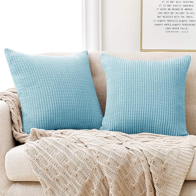 Deconovo Set of 2 Soft Square Throw Pillow Cases, Solid Pillow Covers Corduroy Cushion Covers 45cm x 45cm, 18x18 Inches Grid Cushion Covers for Dining ChairsSky Blue, 2 Pieces