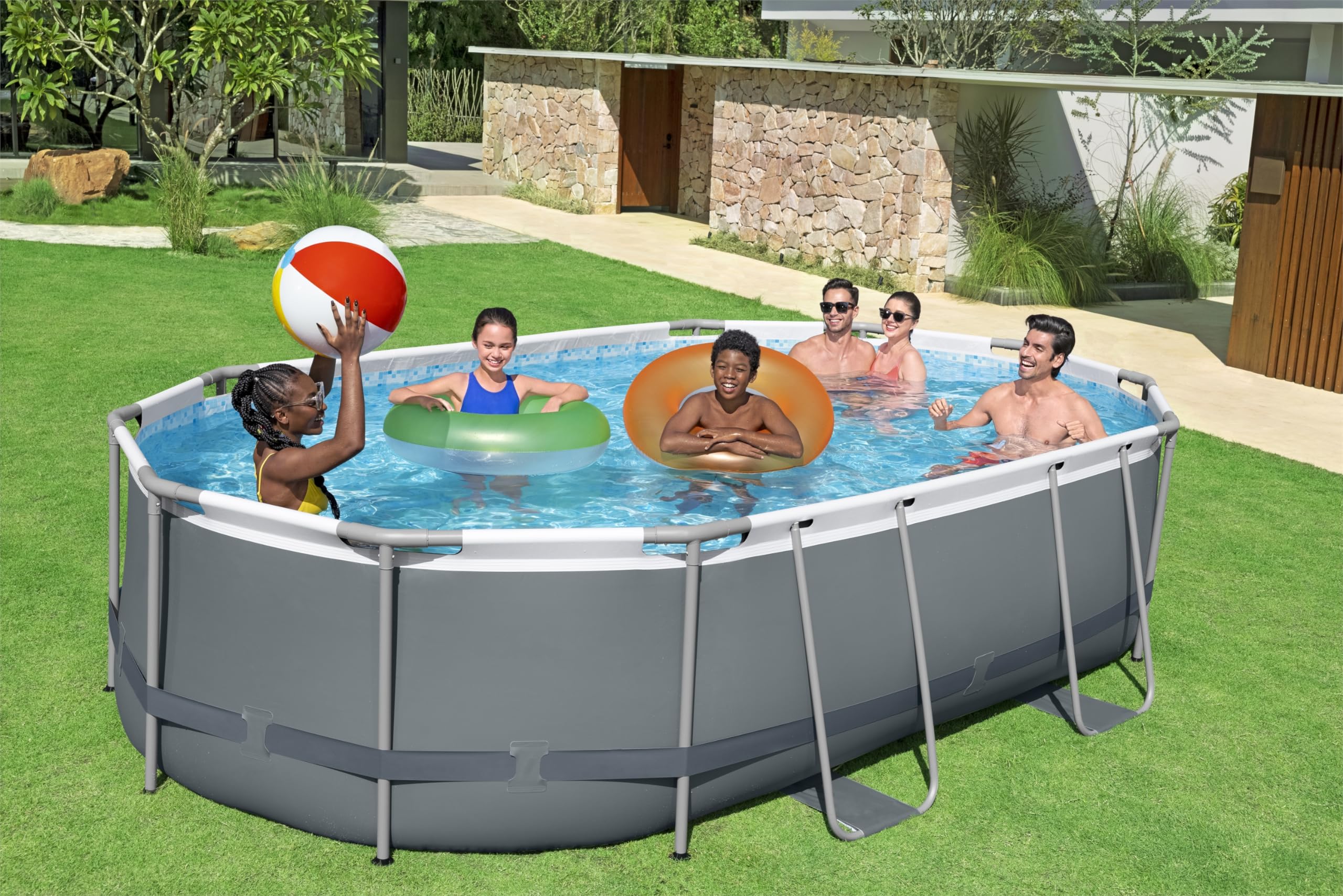 Bestway Power Steel Frame Pool Komplett-Set mit Filterpumpe 488 x 305 x 107 cm, grau, oval