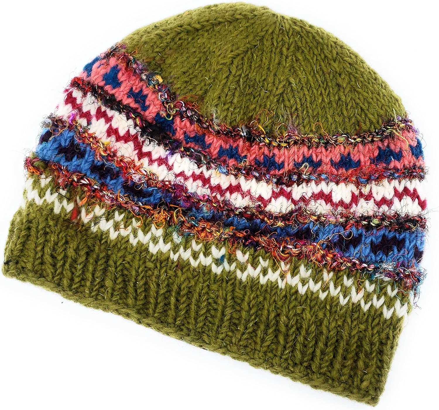 Hand Knit Wool and Recycled Silk Beanie Hat Fleece Lined Made in Nepal