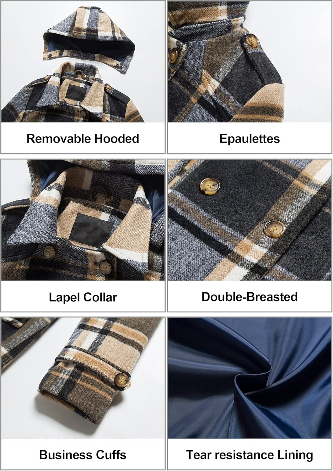 Chrisuno Women's Double Breasted Pea Coat Hooded Long Winter Trench Coat - Image 5