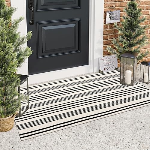 Vista 43 de Alfombra de exterior a rayas blancas y negras, 3 x 5 pies, de algodón, moderna, tejida a mano, reversible, alfombra de patio lavable en capas para 1