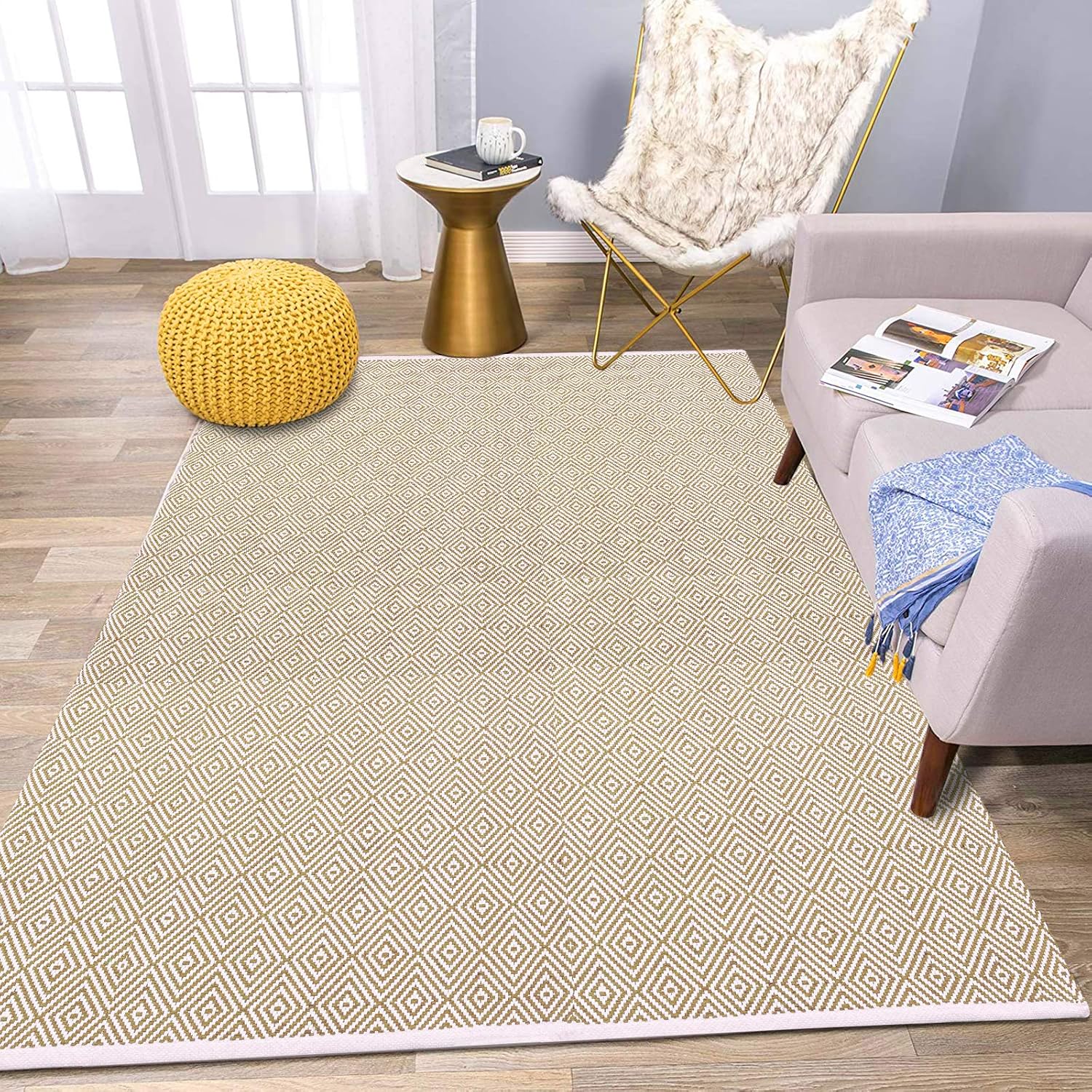 HEBE Extra Long Cotton Area Rug Runner 2'x6' Reversible Hand Woven Cotton Throw Rug Floor Mat Carpet Runner for Kitchen Bedroom Entryway Laundry Room, Beige