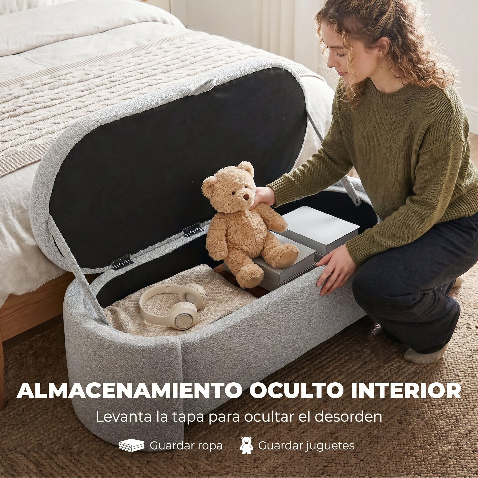 HOMCOM Puff Almacenaje Banco Almacenaje Ovalado 129x48,5x44 cm Gris Claro | Tapizado en Terciopelo de Teddy, Baúl de Almacenamiento, Carga 200 kg, Taburete para Sala de Estar, Dormitorio, Entrada