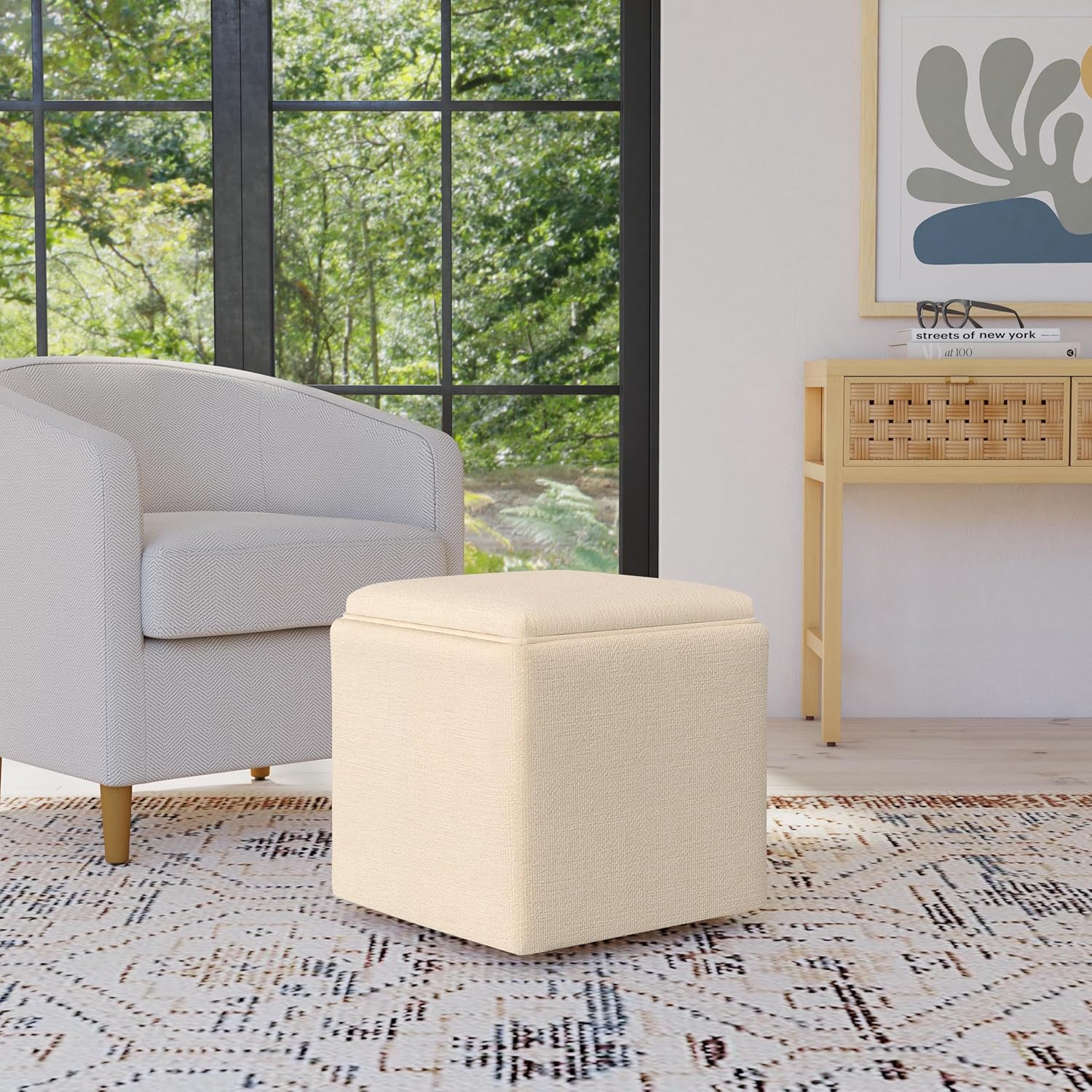 HomePop Home Decor Storage Ottoman with Tray Top|Upholstered Modern Square Storage Ottoman with Storage for Living Room & Bedroom, Cream Woven
