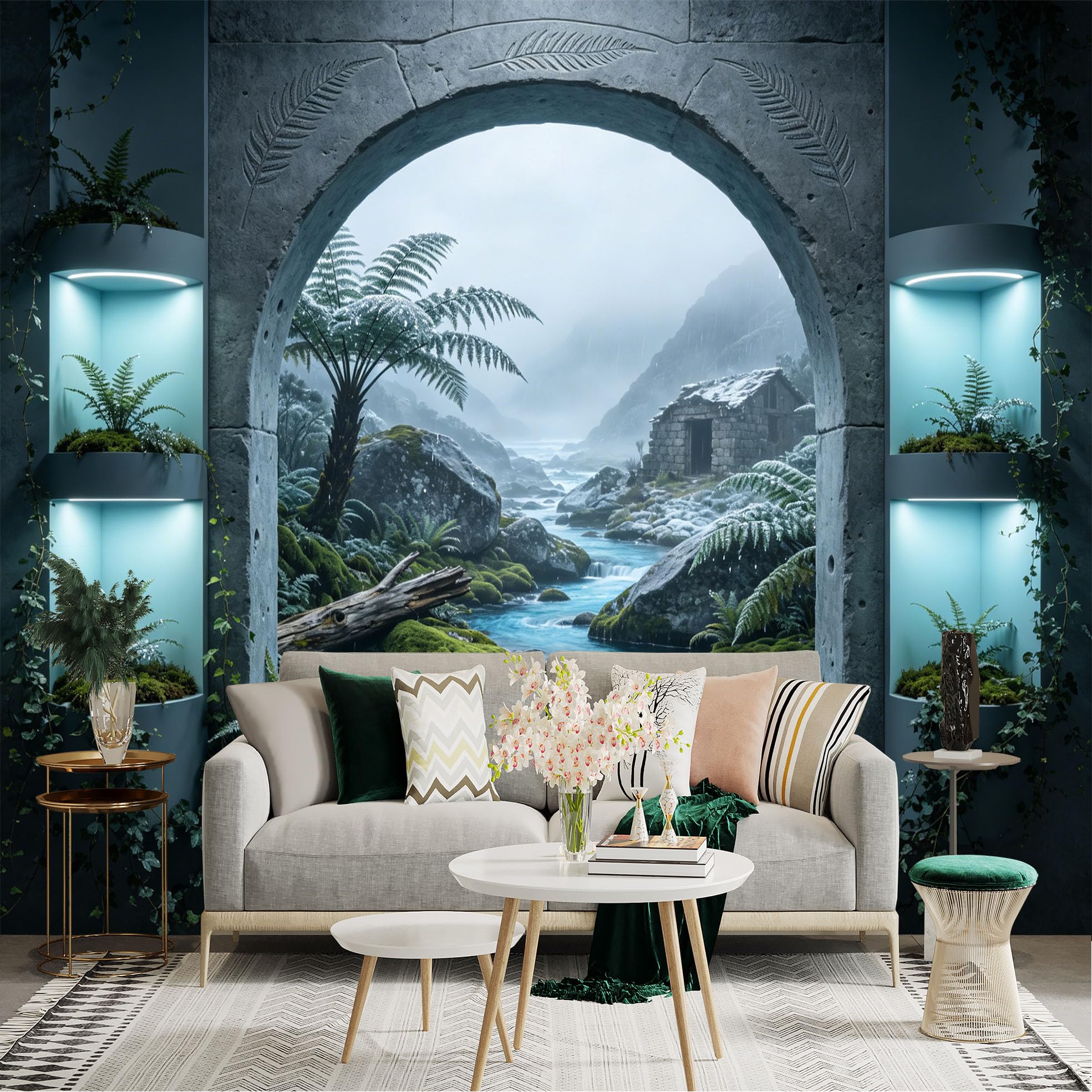 Lnzczhyre Dbh260521465 Custom Size Wall Sticker Mural， Stone Archway View， Misty Mountain Stream， Ancient Ruined Cottage， Lush Ferns And Mossy Rocks， For Wall Decoration， Peelandstick Wall Decals.