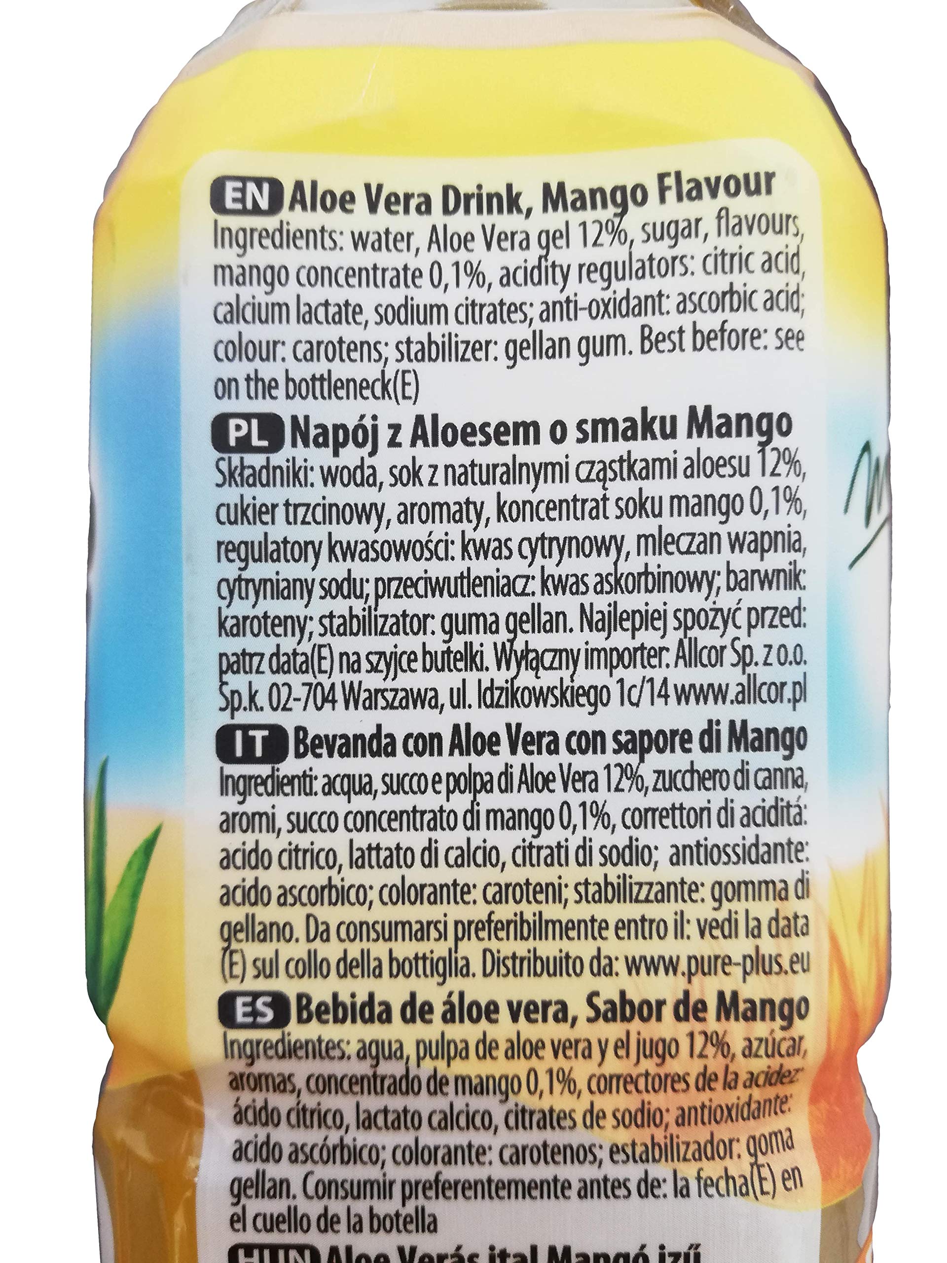 Pure Plus Bebida con pulpa de aloe en piezas sabor mango sin conservantes colorantes, 0% grasas, Premium 500 ml x 20 unidades