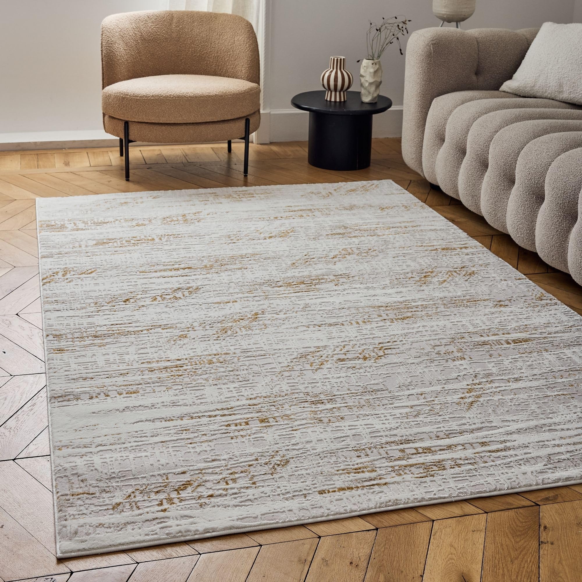 The Rugs Unisex Kids Gold Carmel Abstract Area Rug Runner Soft Pile Living Room Bedroom In | Size: 200Cm X 290Cm