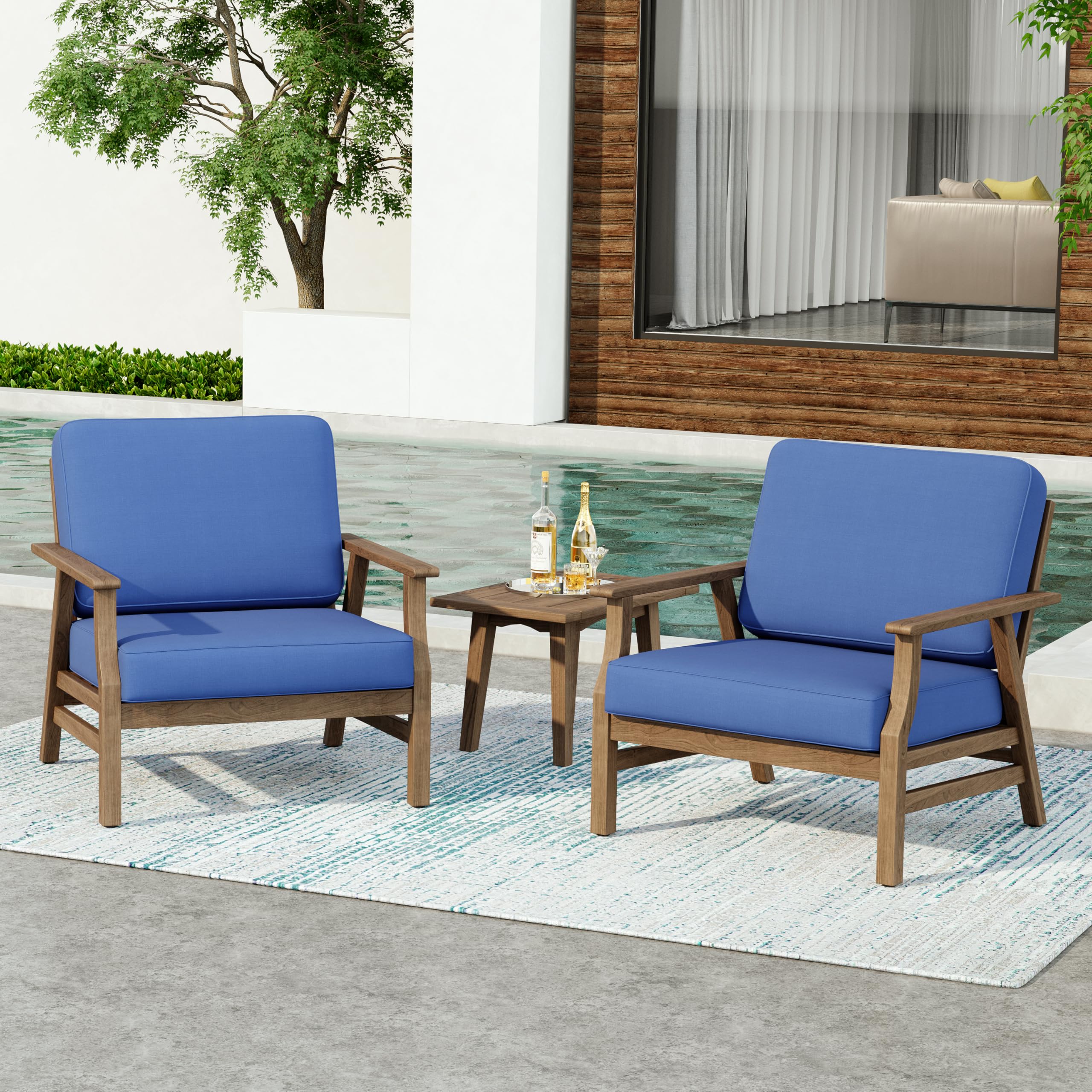 UIXE 3 Piece Wood Patio Chair Outdoor Bistro Set, Outdoor Armchair All Weather Patio Sofa Furniture Backyard Conversation Sets with Wooden Side Table,