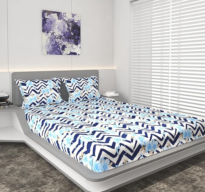 AMEYAA Presents 210 TC Glace Cotton All Around King Size Elastic Fitted Double Bedsheets with 2 Pillow Covers, Size 72