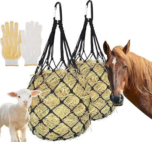 Yummy Sam 2PCS Hay Nets for Horses, Slow Feed Hanging Hay Bags for Cattle, Goat, Hay Feeder for Goats, with Metal Hooks & 2 Pairs of Gloves (Black)