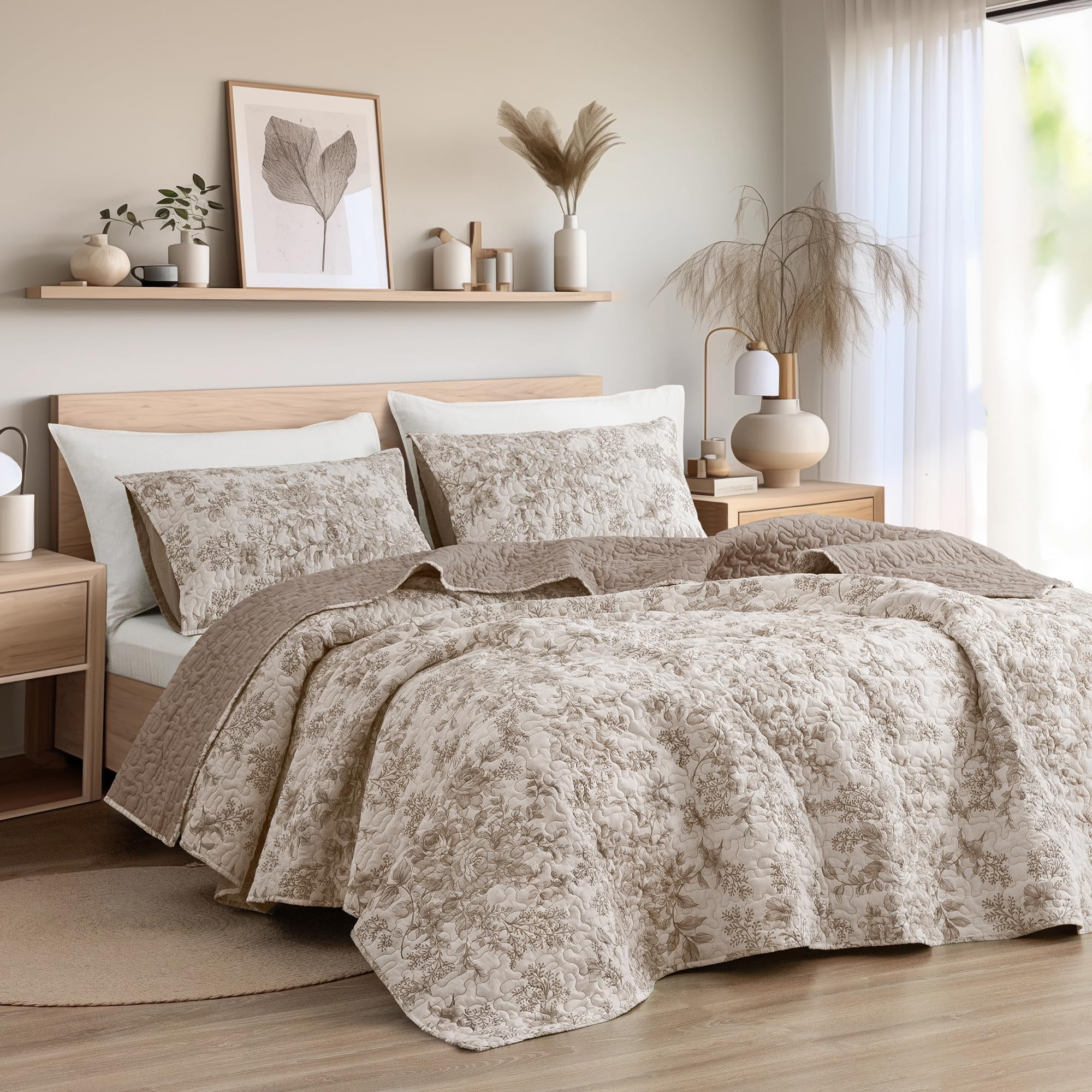 Levtex Home - Couette spa Ophelia - Ensemble de 2 taies d'oreiller européennes - Floral - Spa, gris, crème et ocre - Couette (66 x 66 cm) - Réversible