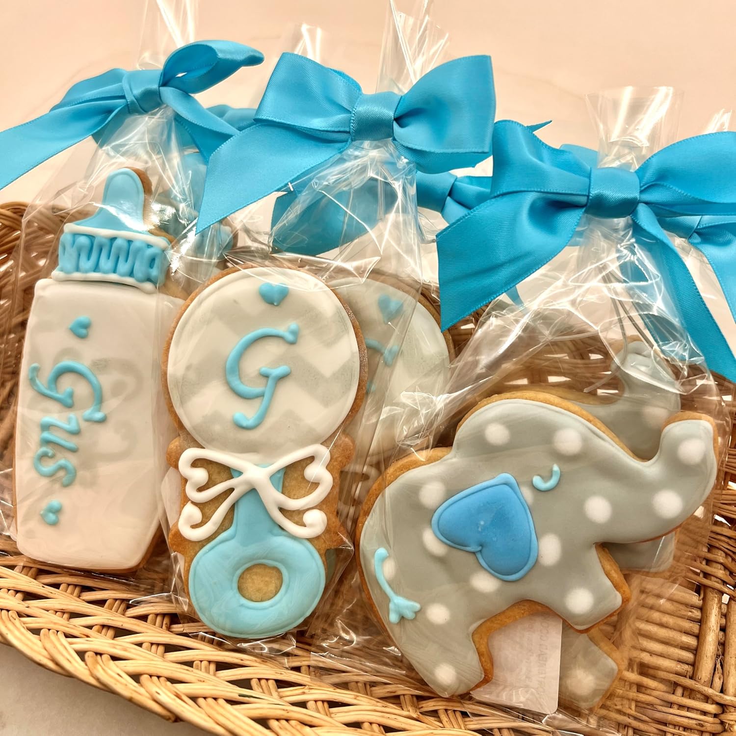Elephant Baby Shower Cookies- 6 Decorated Crunchy Shortbread Cookies Individually Wrapped With Bow by BakersDozenToGo