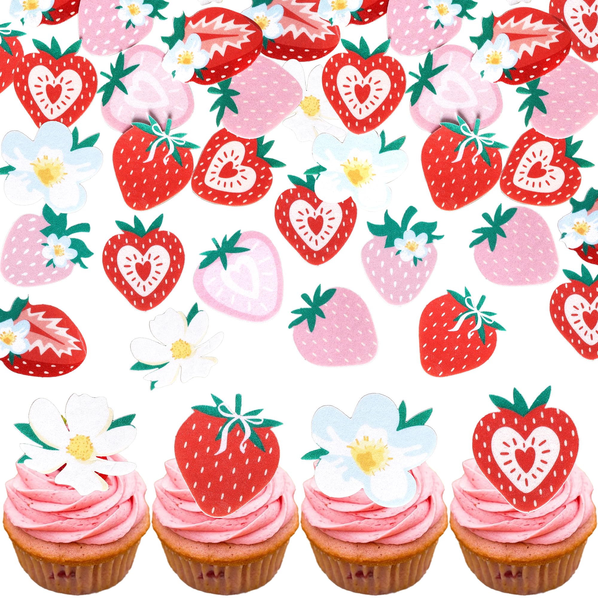 Xsstarmi 64 Pack Strawberry Edible Cupcake Toppers Rice Paper Flower Pink Red Strawberry Delicious Fruit Cupcake Picks for Baby Shower Birthday Party Cake Decorations Supplies