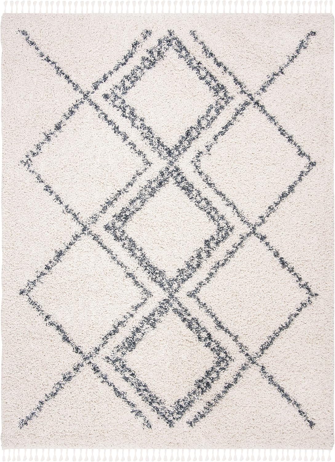 SAFAVIEH Pro Luxe Shag Collection Area Rug - 9' x 12', Cream & Blue, Moroccan Boho Tassel, Non-Shedding & Easy Care, 2.4-inch Thick Ideal for High Traffic Areas in Living Room, Bedroom (PLX432A)