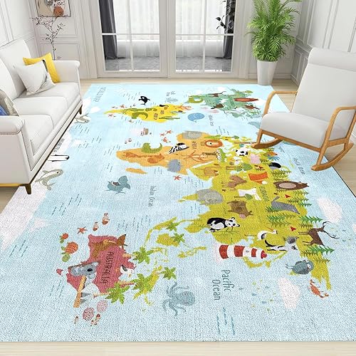 Miniatura 1 de Alfombra de área con mapa de animales de dibujos animados, divertido mapa del mundo para la iluminación de los niños, antideslizante, fácil cuidado,