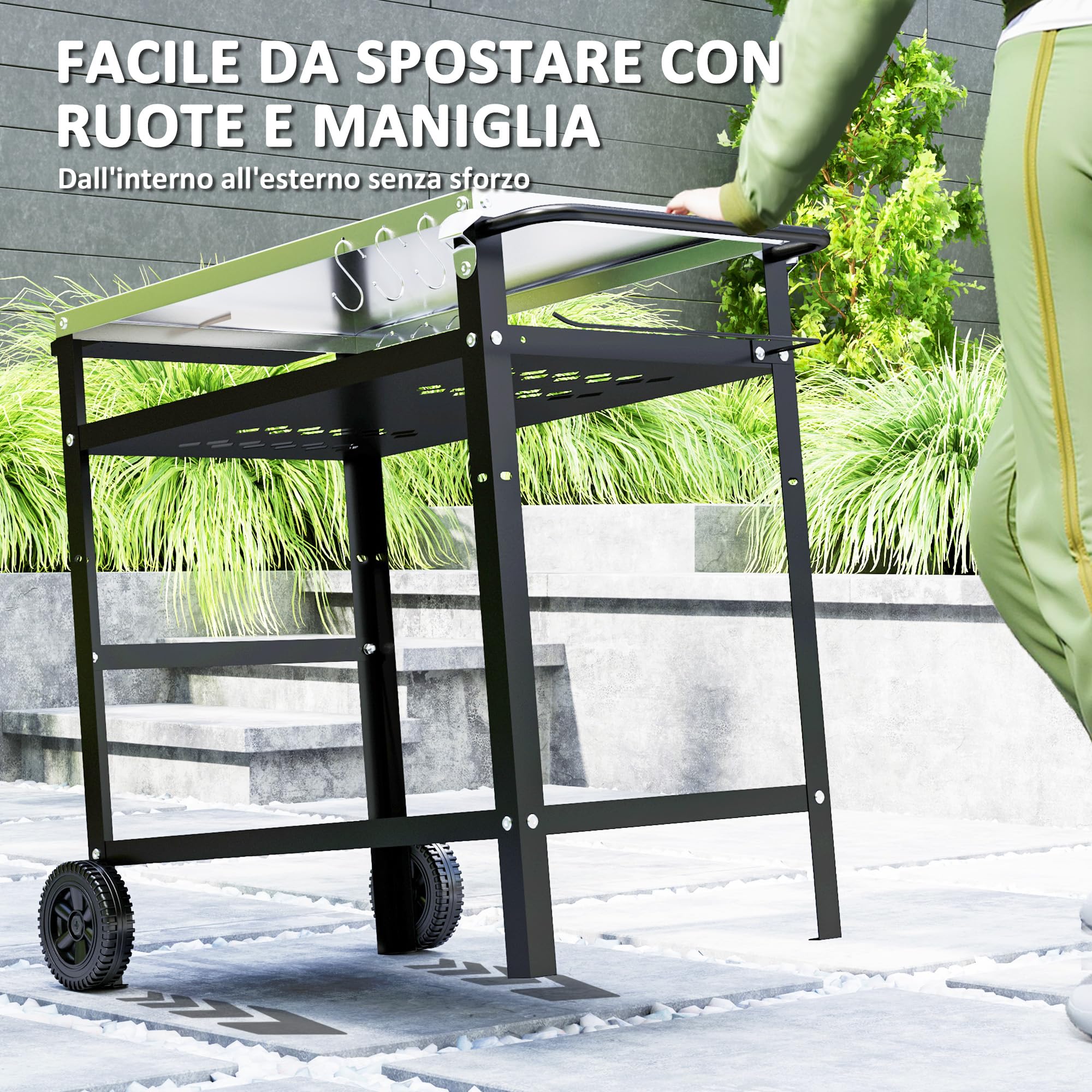 Outsunny Carrello Barbecue con Piano in Acciaio Inox e Ripiano Regolabile, Isola Cucina da Esterno per Forno Pizza con Ruote, 6 Ganci, Porta Canovacci e Copertura di Protezione, 100x52x80 cm, Nero