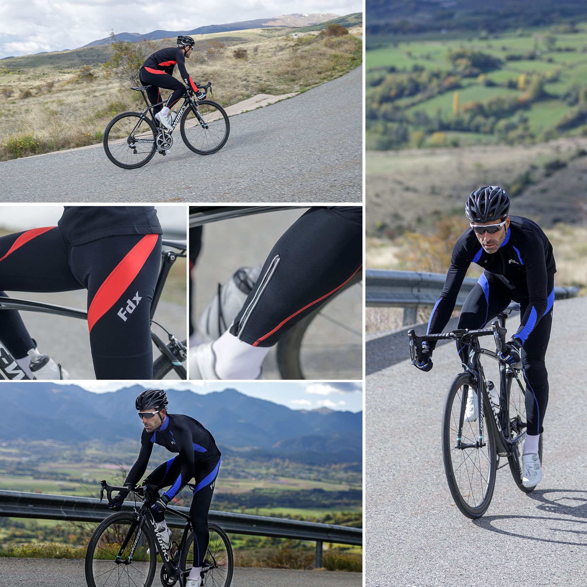 FDX Culotte con Tirantes para Hombre, Acolchado, Ligero y Transpirable, Tejido térmico Roubaix de Secado rápido, con Bolsillo Trasero con Cremallera; Mallas de Ciclismo de Invierno