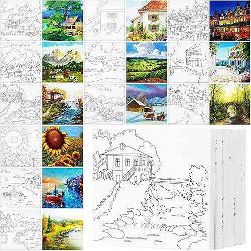 Miniatura 7 de Teling Kit de 12 lienzos estirados predibujados de 6 x 6 x 0.6 pulgadas, lienzo predibujado para pintar para adultos, lienzo preimpreso para adultos