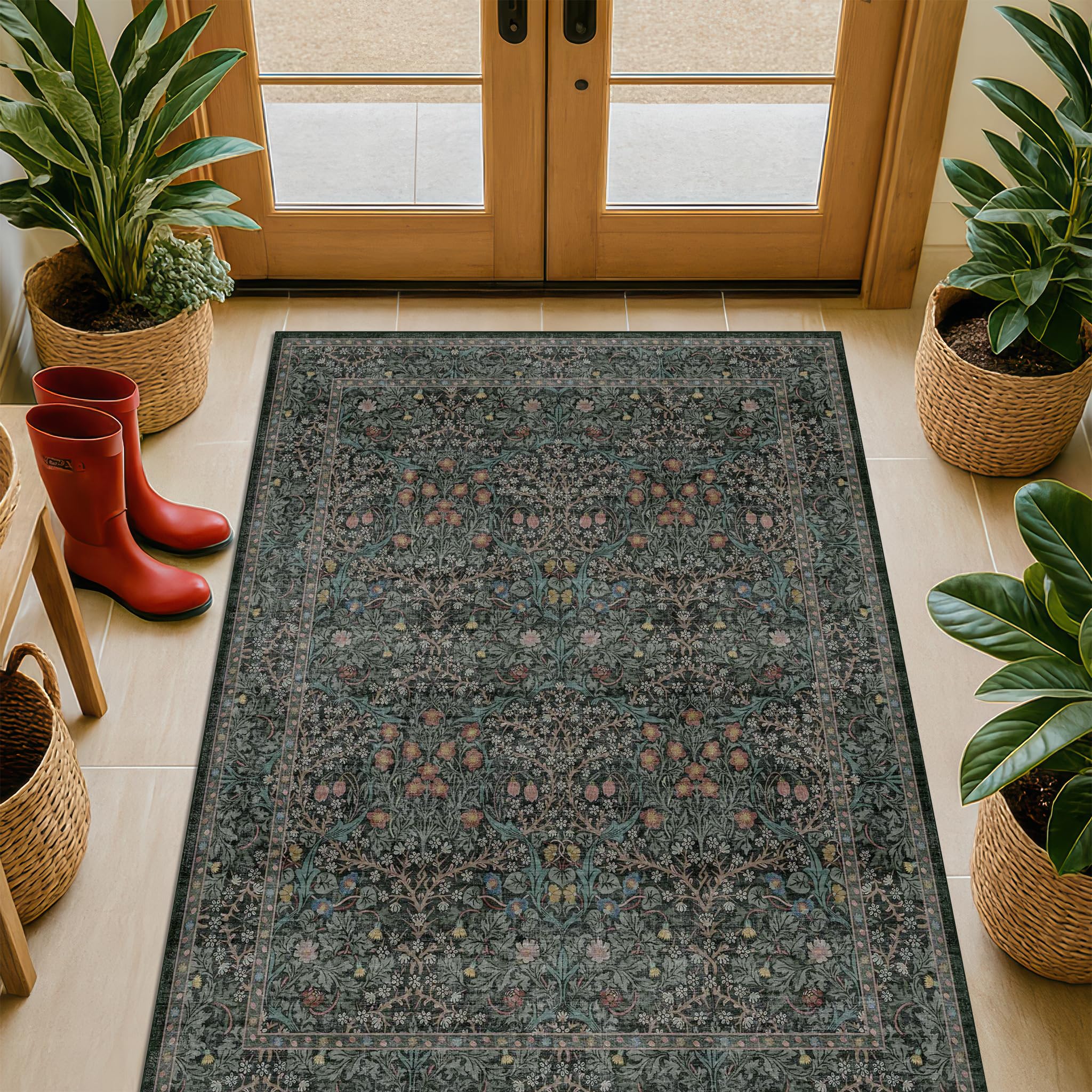 Vintage Floral Dark Green 3x5 Area Rugs for Entryway Kitchen Bedroom Beside Rug Laundry Room Non-Slip Low Pile