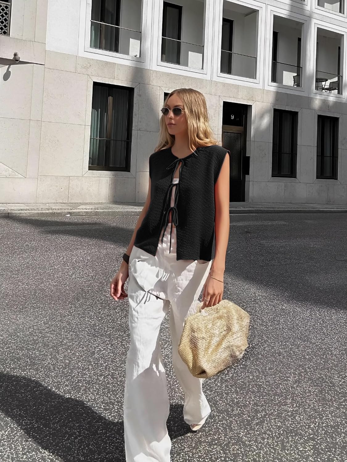 Mansy Women Tie Front Vest Top Y2k Knit Crew Neck Sleeveless Crop Sweater Tank Vintage Casual Streetwear Black M - Image 4