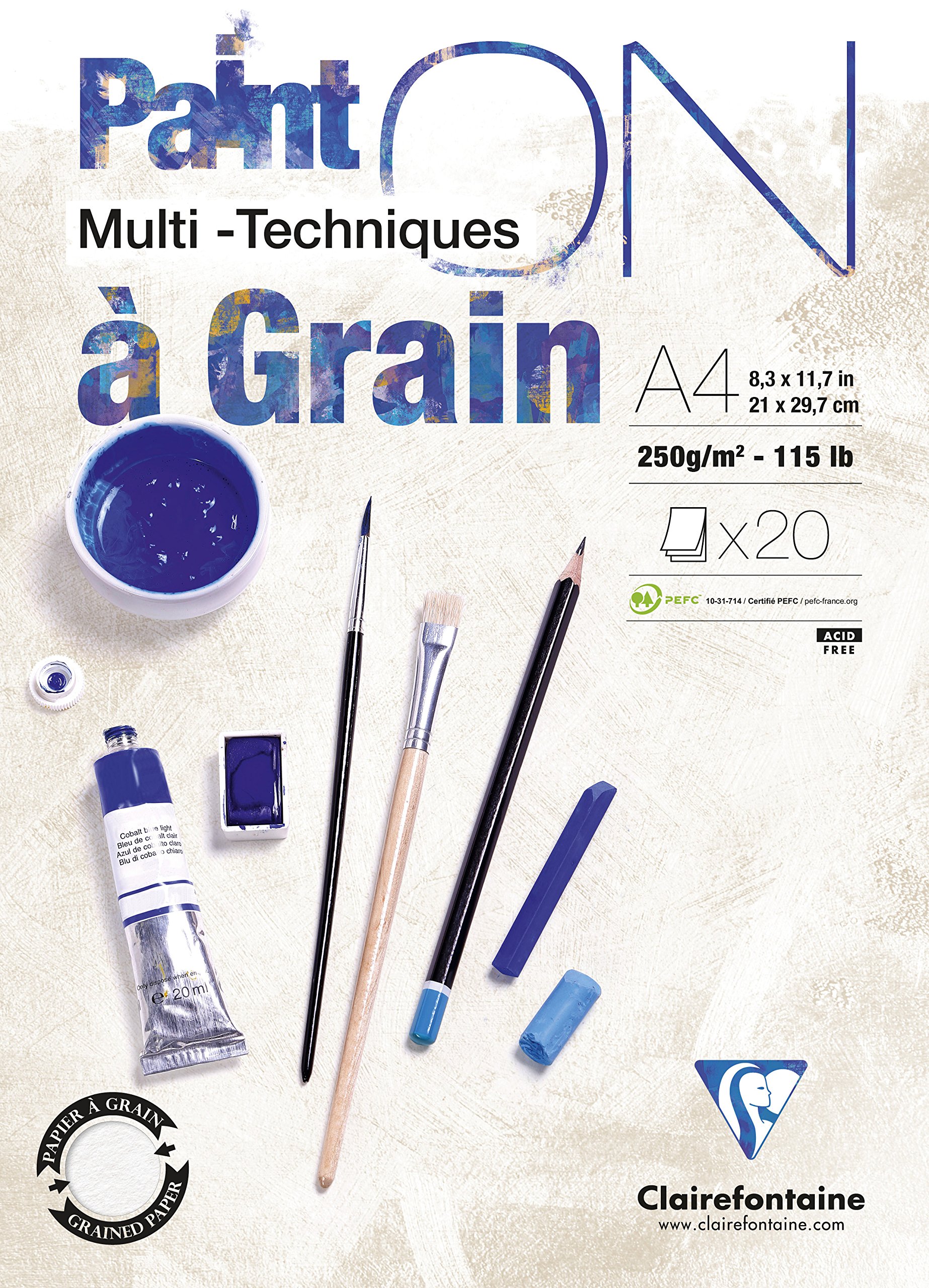 Clairefontaine 975049Cpack - PaintON Multi-technique Glued Pad - 20 Sheets of Multi-technique Drawing Paper with a Pronounced Grain - White - A4 21x29.7 cm 250g - Pack of 4 Pads