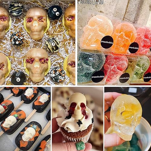 Miniatura 7 de Sidosir 4 moldes de chocolate con calavera de gomita, moldes de caramelo de calavera de gomita, moldes de silicona antiadherentes con 2 cuentagotas