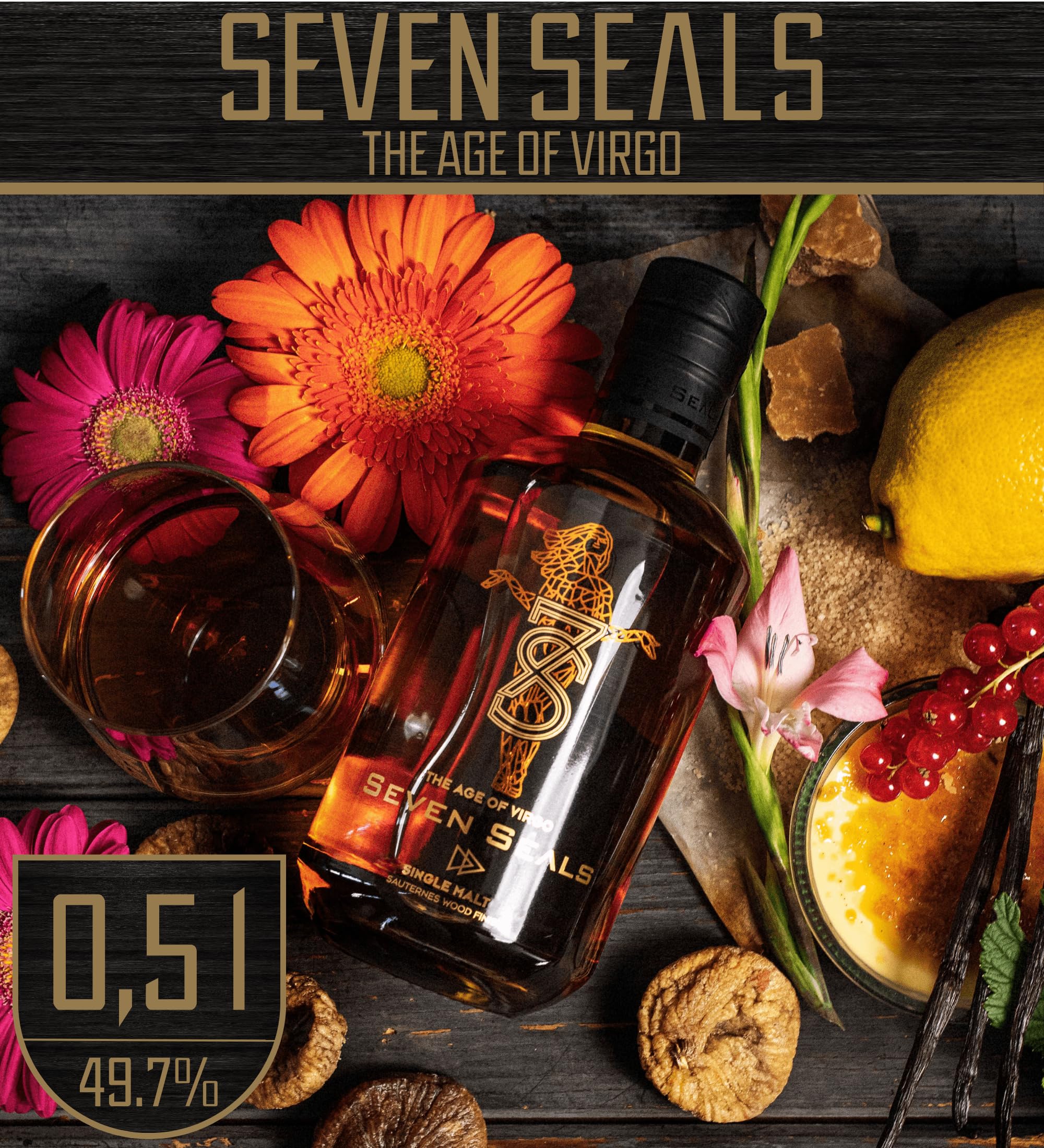 Seven Seals - The Age of Virgo Premium Single Malt 0,5 I Geschenkset mit Holzbox | Weinig/Beeriges Aroma | Geschmack von Beeren & Zitrusnoten |Passendes Geschenk für Sternbild Jungfrau | 49.7% Alkohol