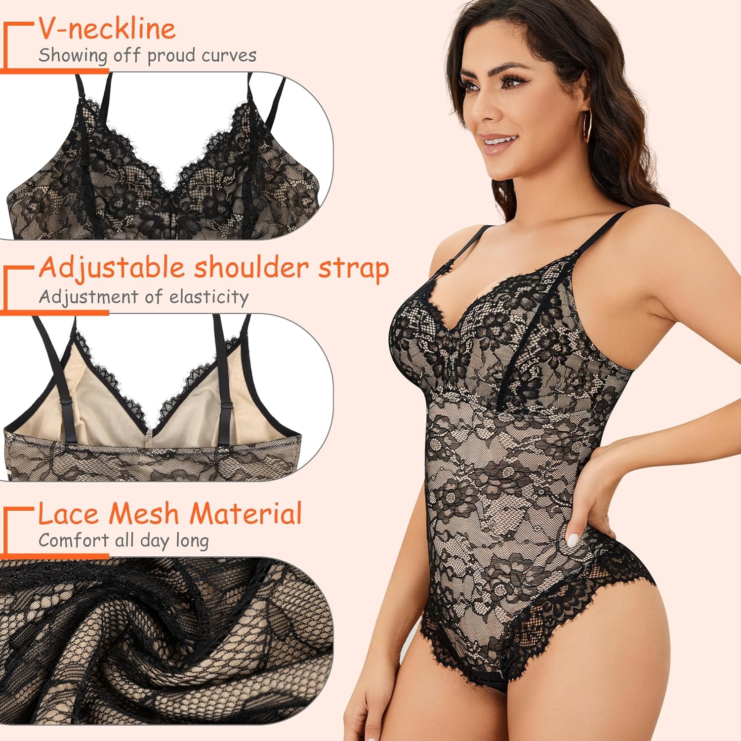 Vorcy Lace Bodysuit for Women Tummy Control Backless Top V-Neck Shapewear Bodysuit - Image 3
