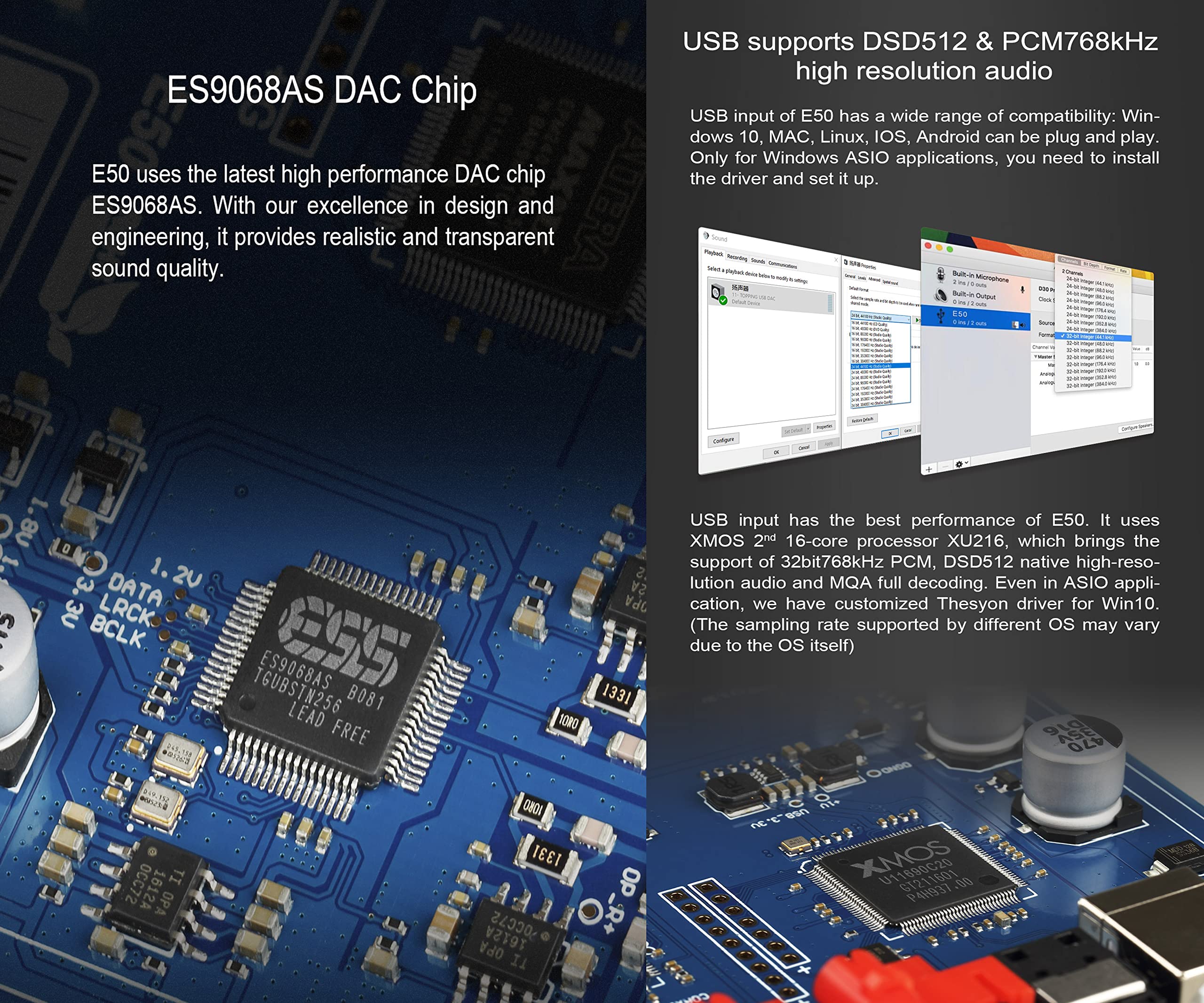 Topping E50 Mini HiFi DAC ES9068AS DSD512 PCM768kHz USB DAC USB/Koax/Opt Eingänge RCA/TRS Ausgänge Decoder für Heimkino Spielmusik Silber