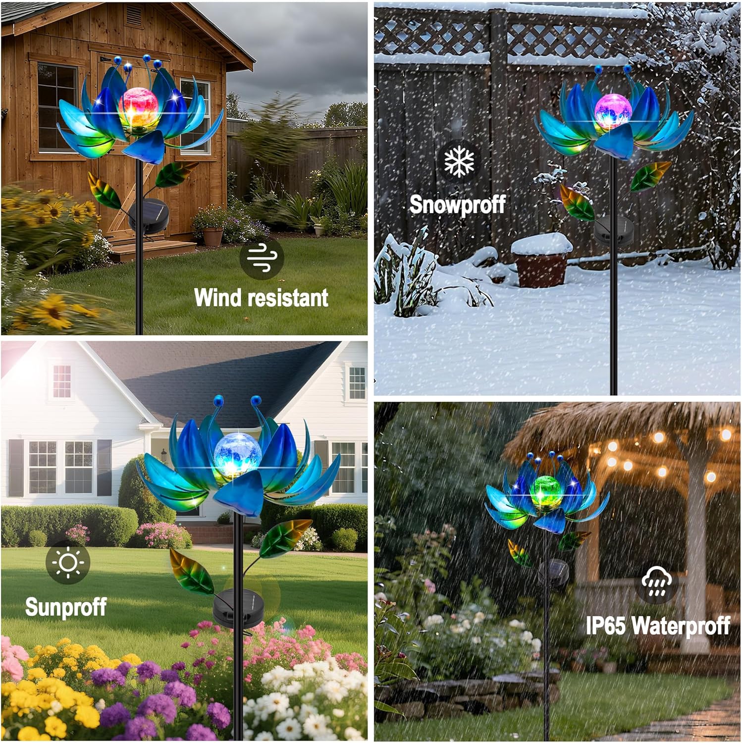 Solar Wind Spinners Outdoor, Blue Lotus Flower Garden Spinner with Cracked Glass Ball & Color-Changing LEDs, 40 Inch Metal Garden Decor for Yard, Patio Backyard Lawn Decorations