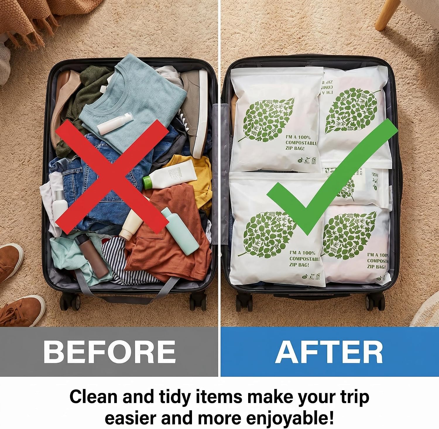100% Compostable Waterproof Travel Zip Shoe Bags for Packing, Storage, Travel Essentials for Men and Women, 16.5 x 12.2inches, Clear, 6 pieces